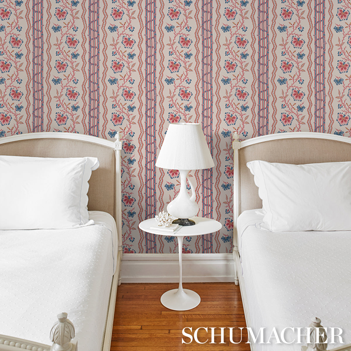Parvati Floral Stripe Wallpaper in vermilion color - pattern number 5017331 - by Schumacher in the Williamsburg collection