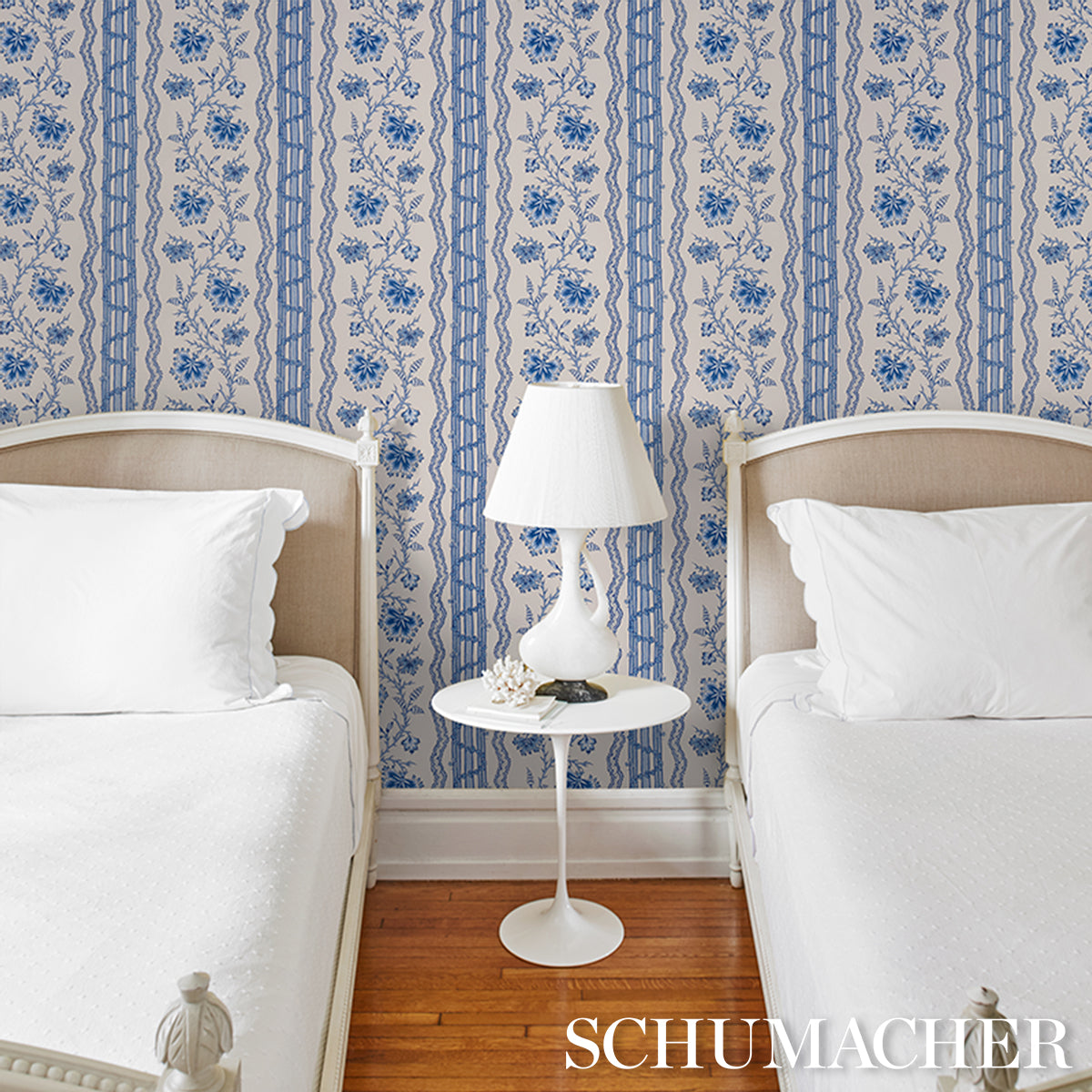 Parvati Floral Stripe Wallpaper in delft color - pattern number 5017332 - by Schumacher in the Williamsburg collection