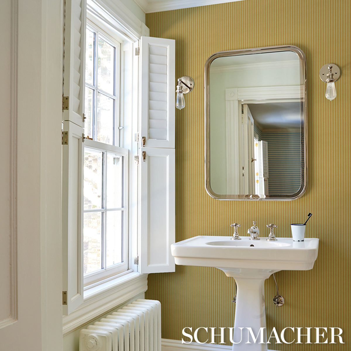 Edwin Stripe Narrow Wallpaper in lemon sage color - pattern number 5017631 - by Schumacher in the Atelier Paris collection