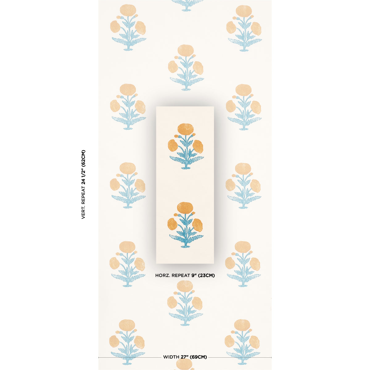 Poppy Print Wallpaper in mustard and sky color - pattern number 5017981 - by Schumacher in the Perennial Favorites collection