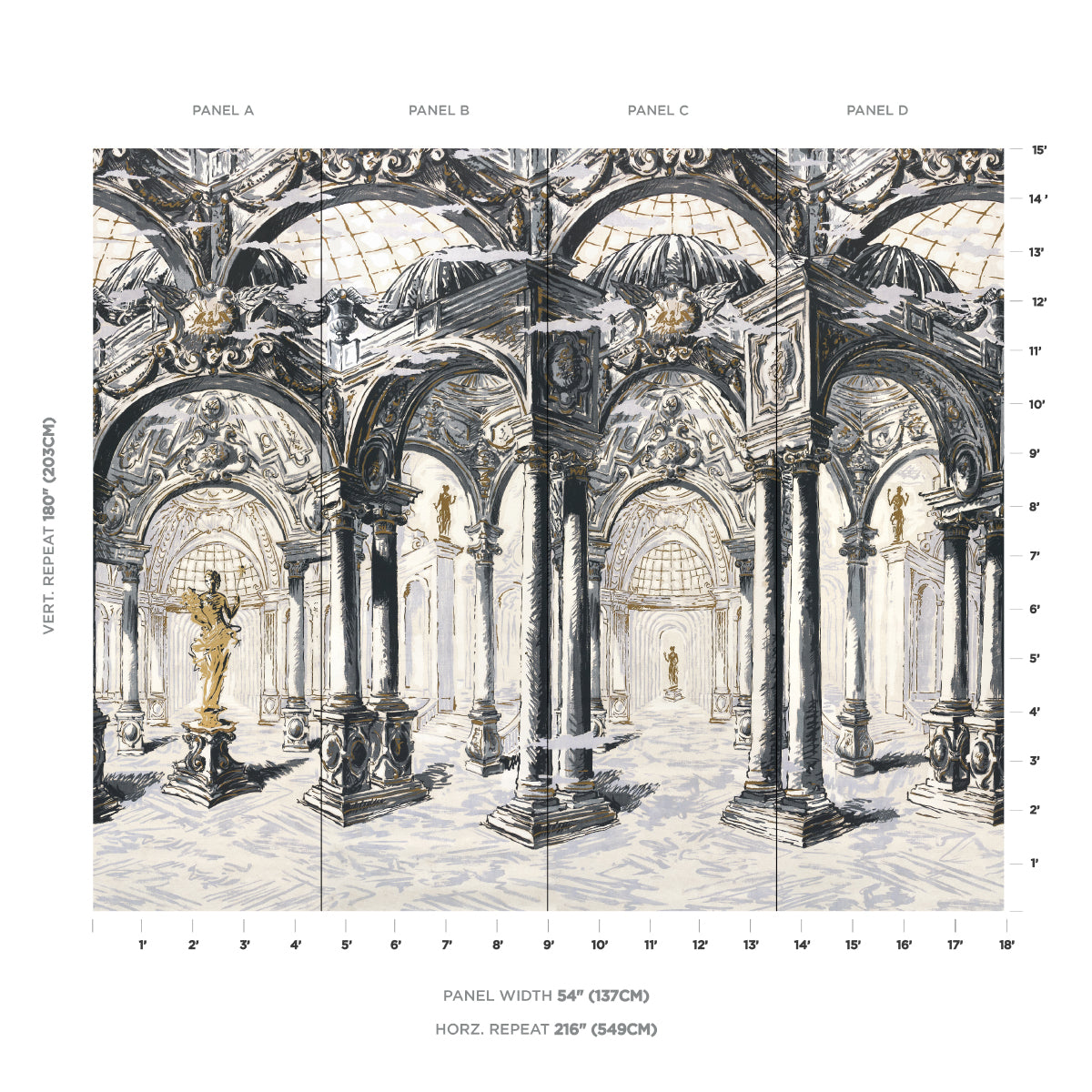 Palazzo 4 Panel Set Wallpaper in antique blue color - pattern number 5018110 - by Schumacher in the Backdrop I collection