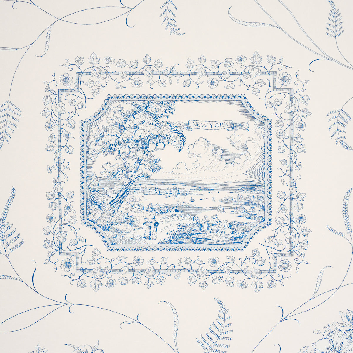 Century Scenic Toile Wallpaper in Blue color - pattern number 5018411 - by Schumacher in the American Heritage collection