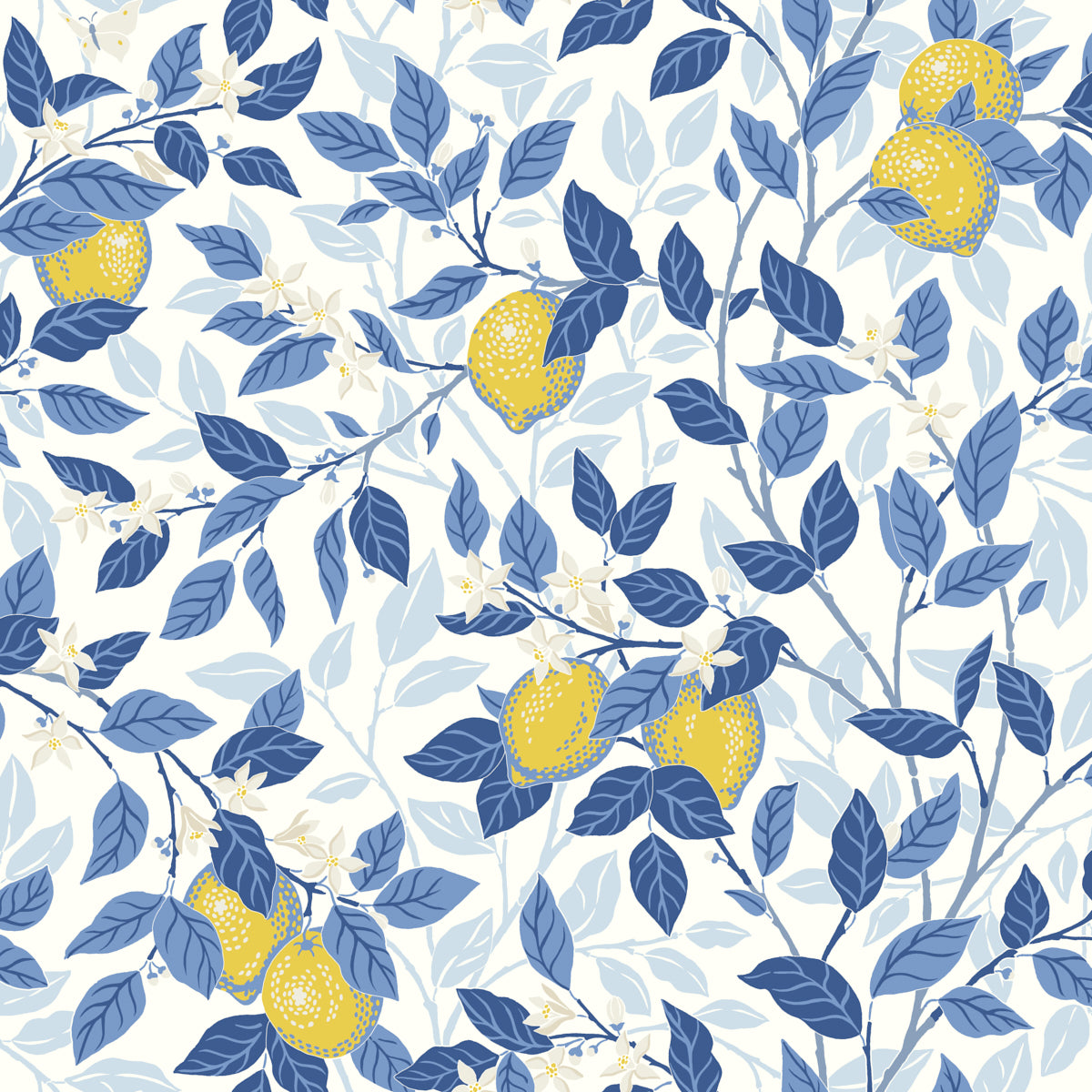 Citrontrad wallpaper in blue and yellow color - pattern number 6150 - by Schumacher in the Borastapeter collection