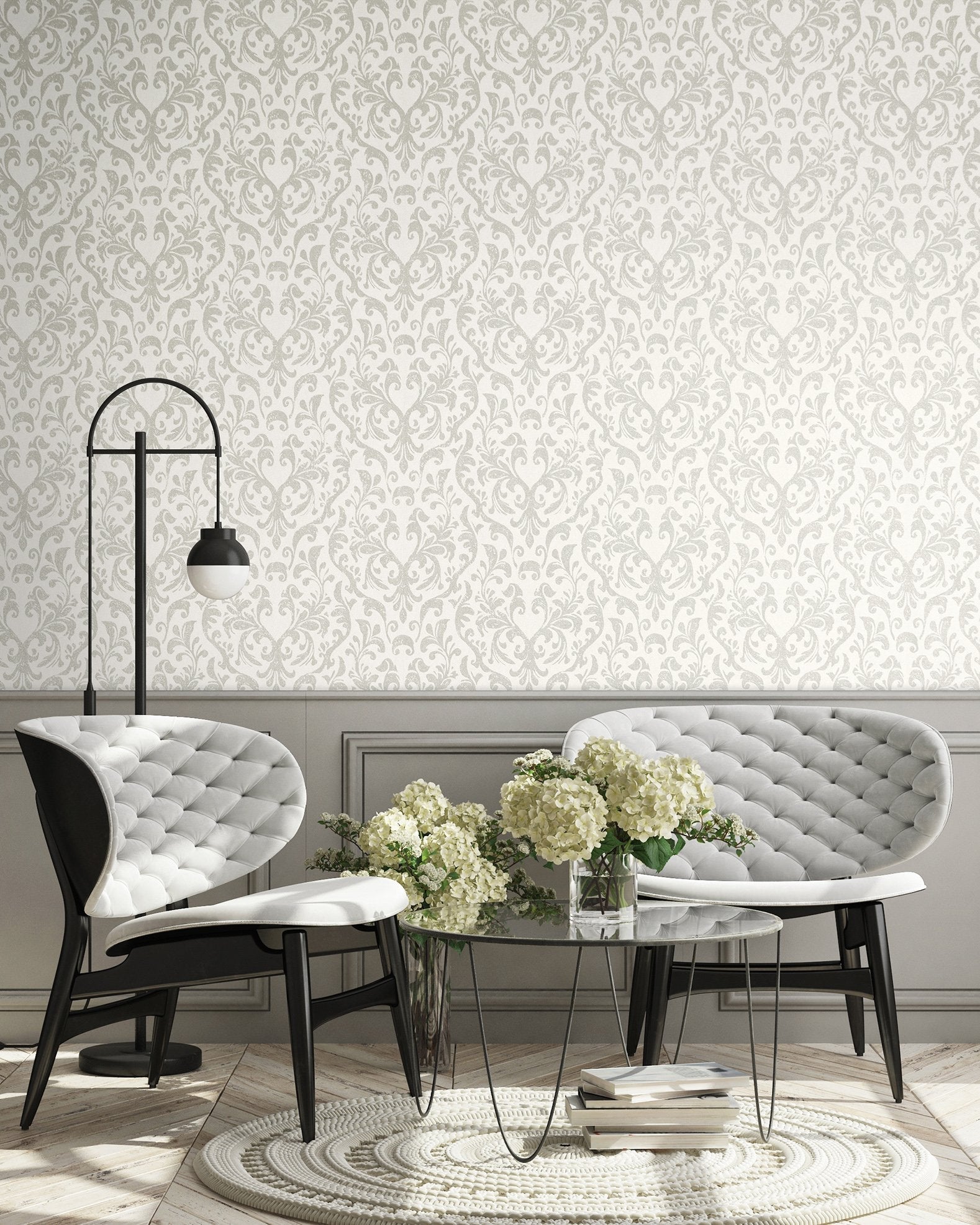 Notting Hill / Loft Damask wallpaper in cream color - pattern number GH64857-23 - by Galerie in the Urban Classics collection