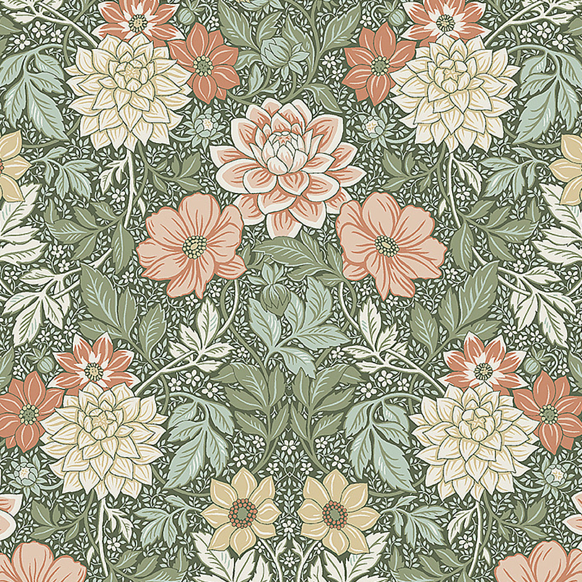 Dahlia Garden wallpaper in green color - pattern number 7666 - by Schumacher in the Borastapeter collection