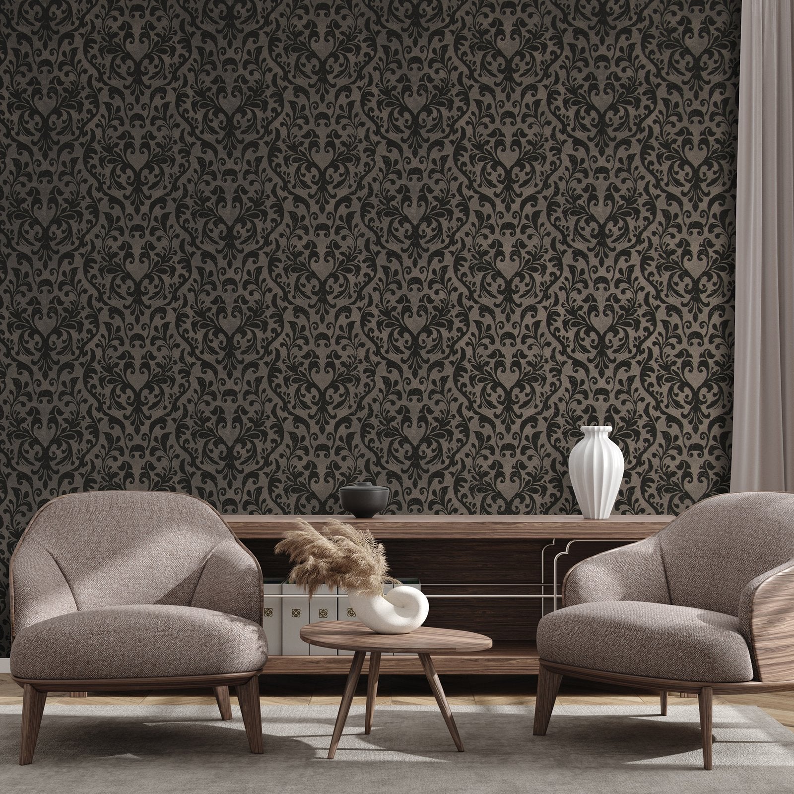 Mayfair / Loft Damask Flock wallpaper in bronze brown color - pattern number GH81253-23 - by Galerie in the Urban Classics collection