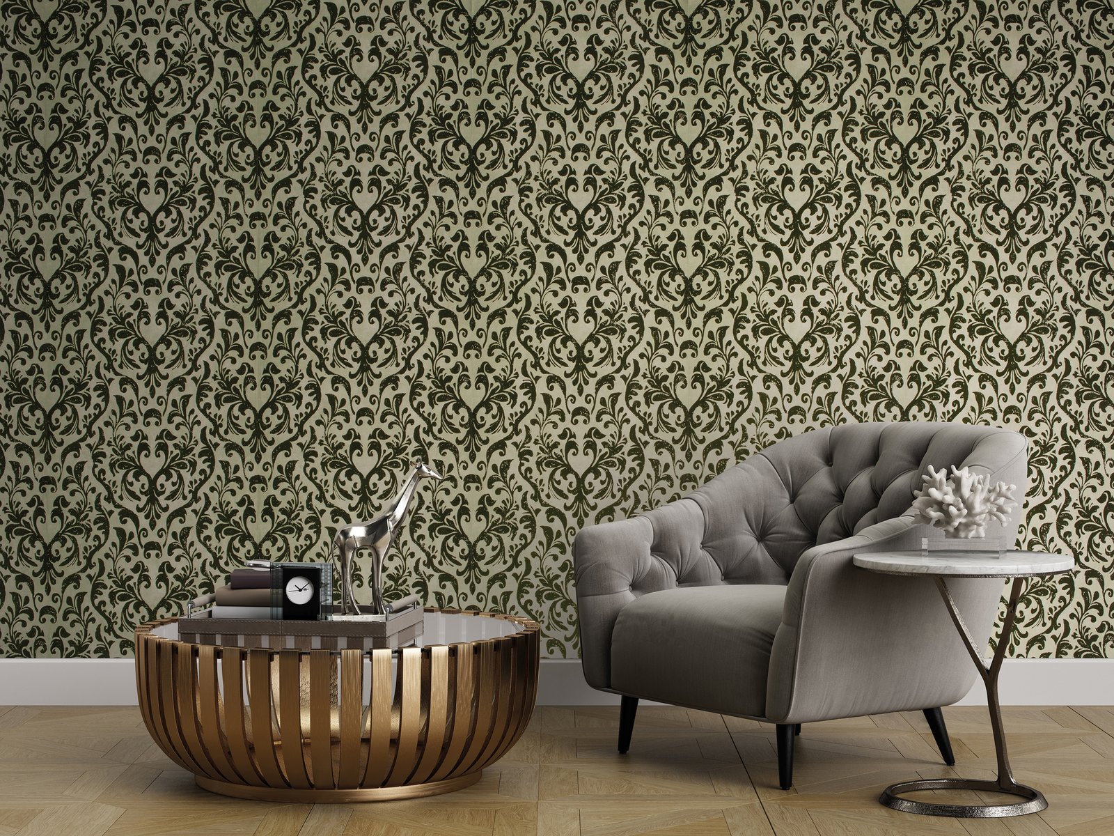 Mayfair / Loft Damask Flock wallpaper in green color - pattern number GH81254-23 - by Galerie in the Urban Classics collection