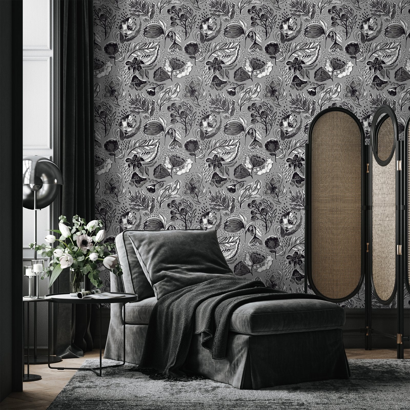 Wild Garden wallpaper in silver grey color - pattern number GH81335-23 - by Galerie in the Pepper collection