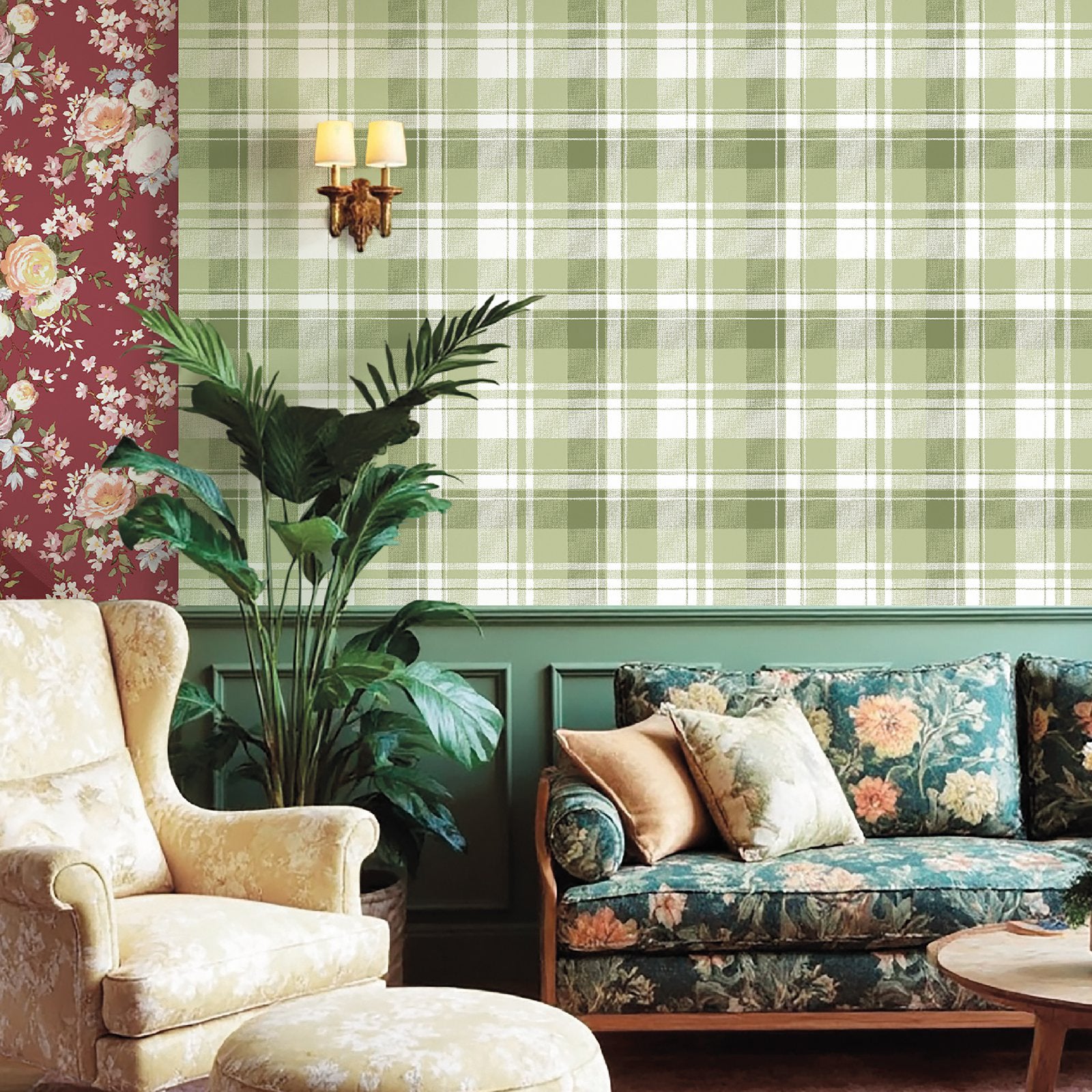 Tartan Garden Wallpaper in Green color - pattern number 8388 - by Galerie in the Blooming Garden collection