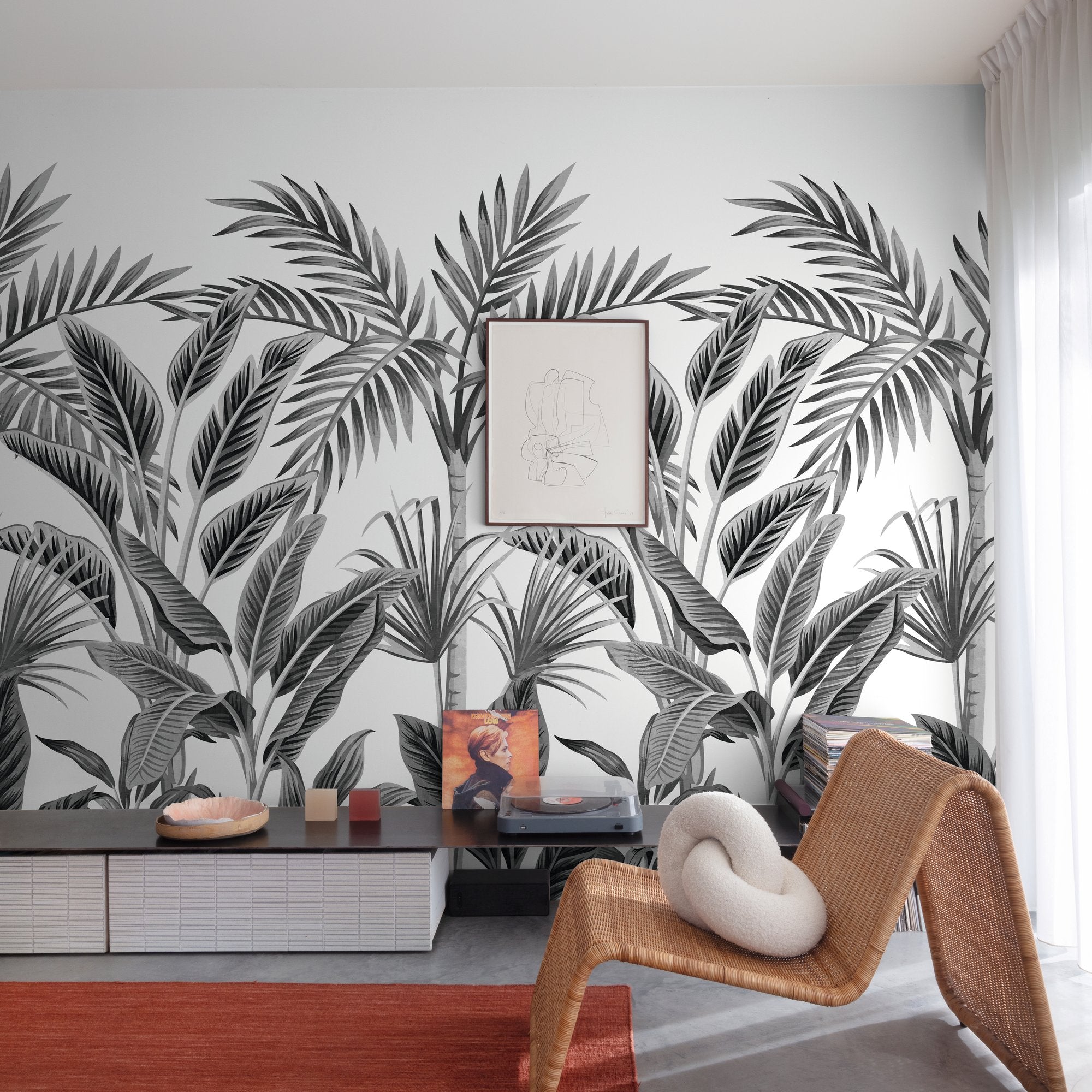 Branched Leaves Motive 3 Panel Mural in black color - pattern number A40801 - by Grandeco in the Orom II collection