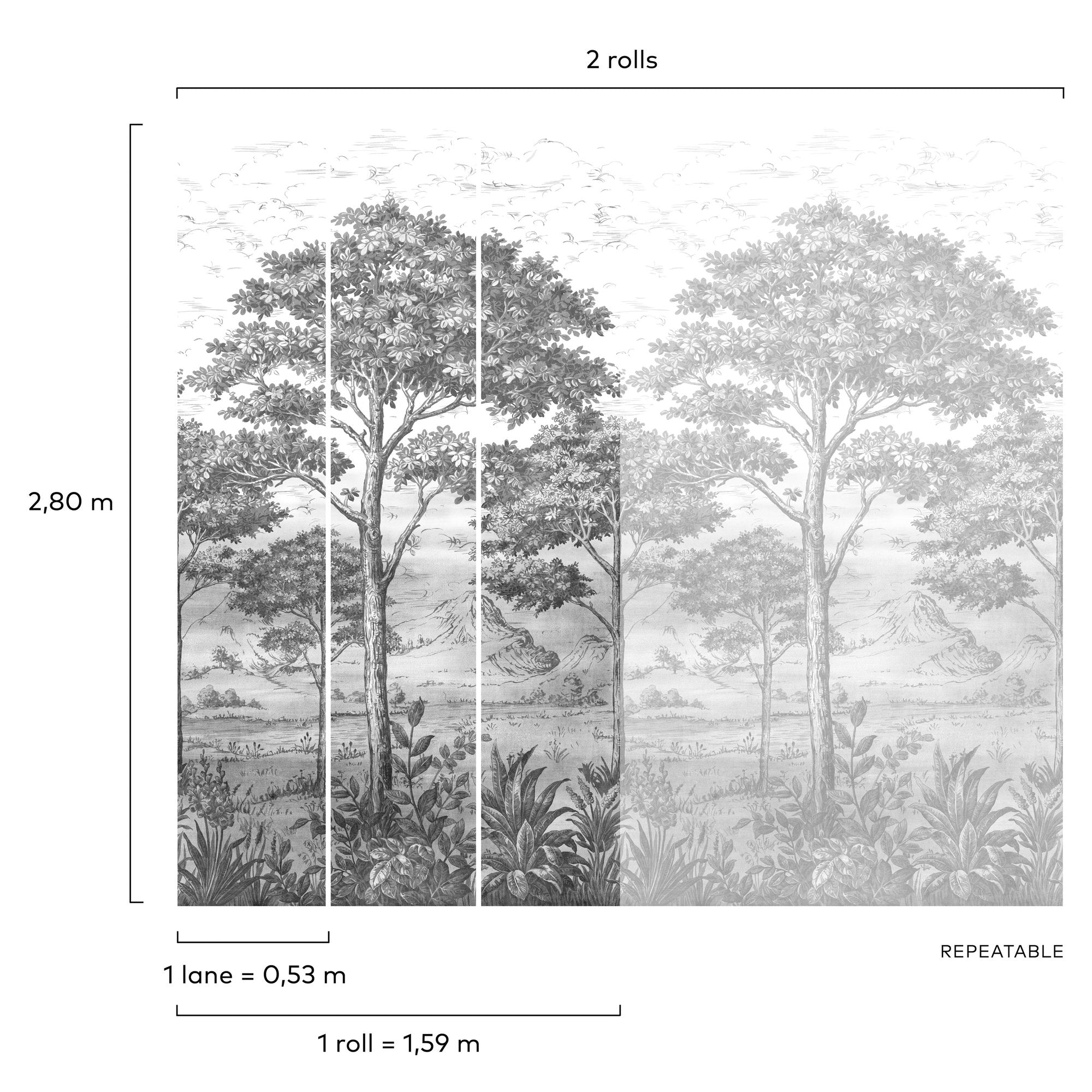 Branched Leaves Motive 3 Panel Mural in black color - pattern number A56702 - by Grandeco in the Orom II collection