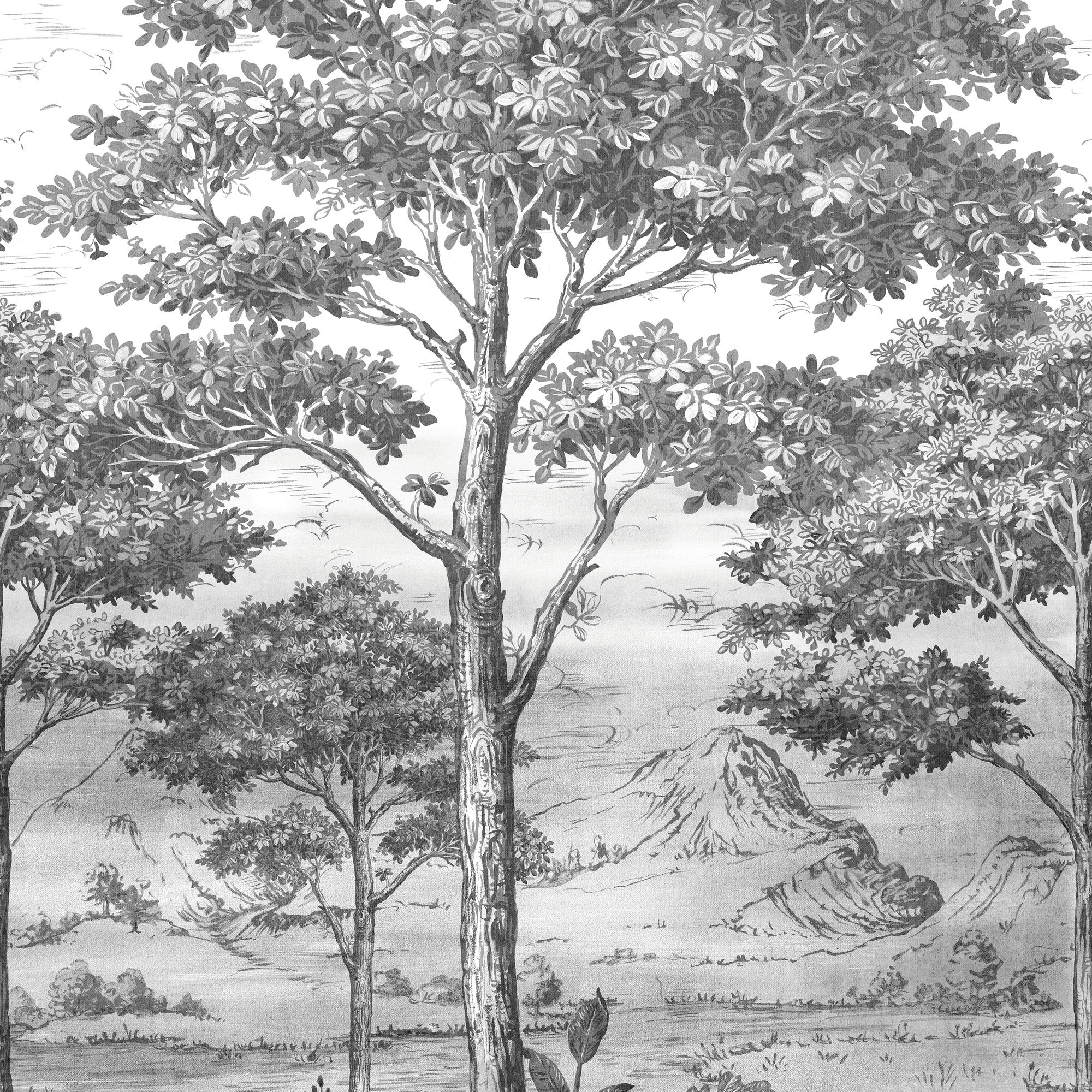 Branched Leaves Motive 3 Panel Mural in black color - pattern number A56702 - by Grandeco in the Orom II collection