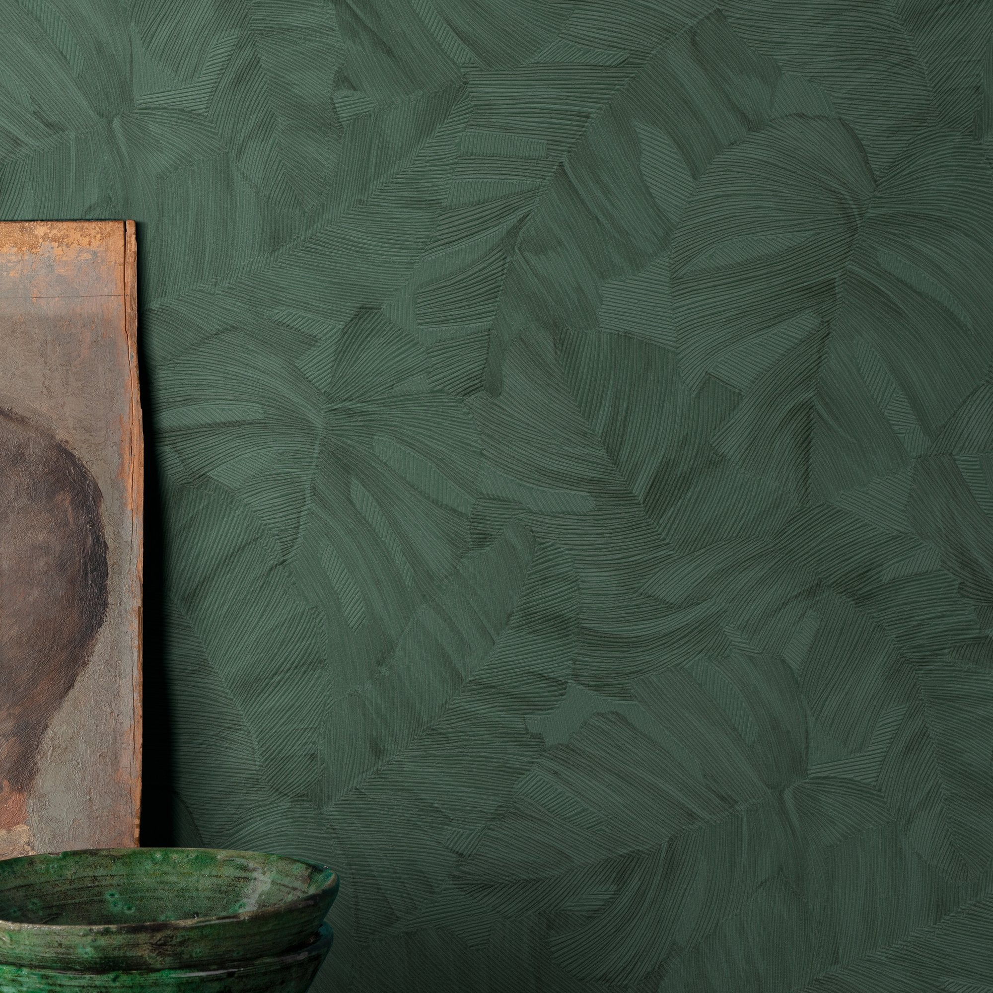 Branched Leaves Motive Wallpaper in green color - pattern number KRA67601 - by Grandeco in the Karuna collection