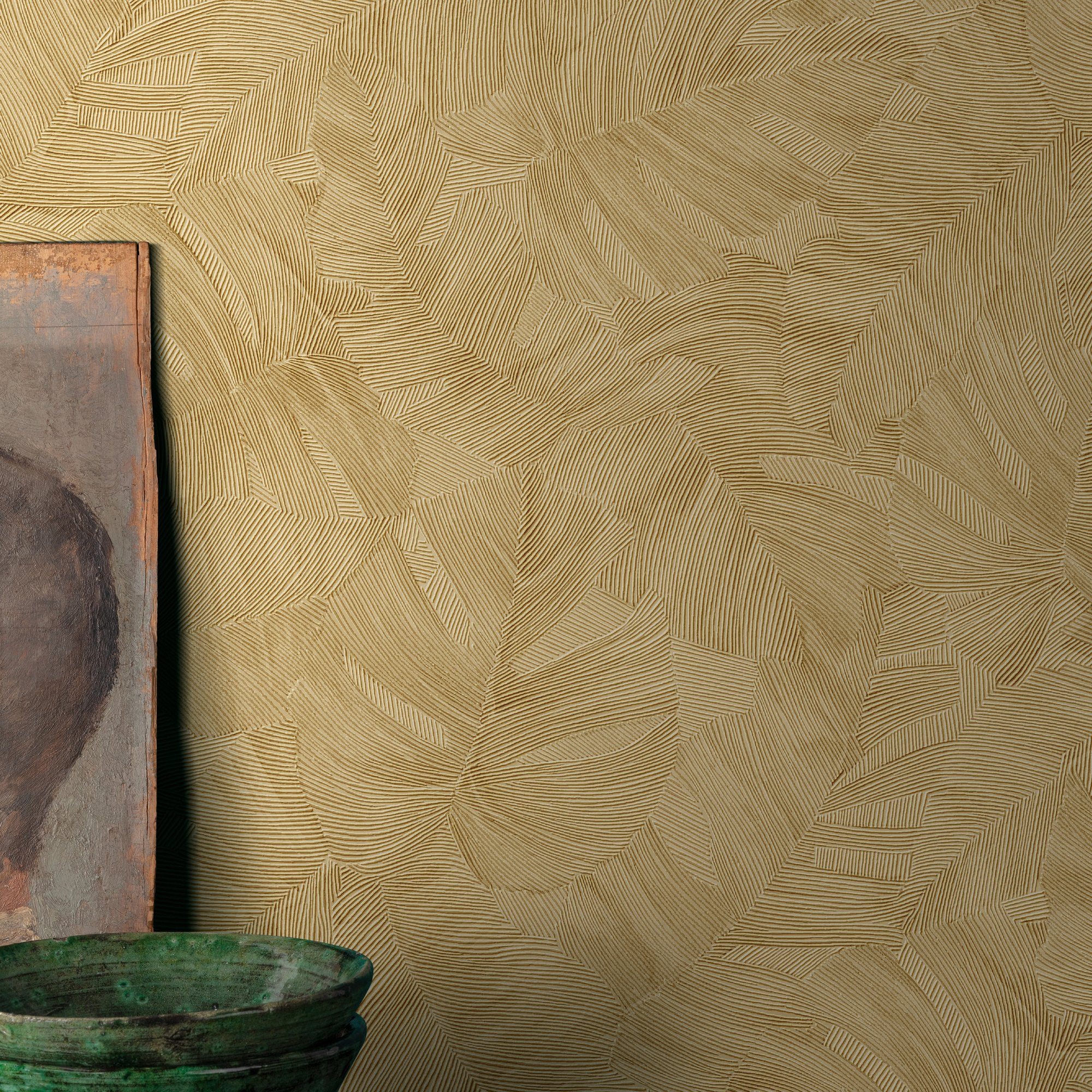 Branched Leaves Motive Wallpaper in gold color - pattern number KRA67602 - by Grandeco in the Karuna collection