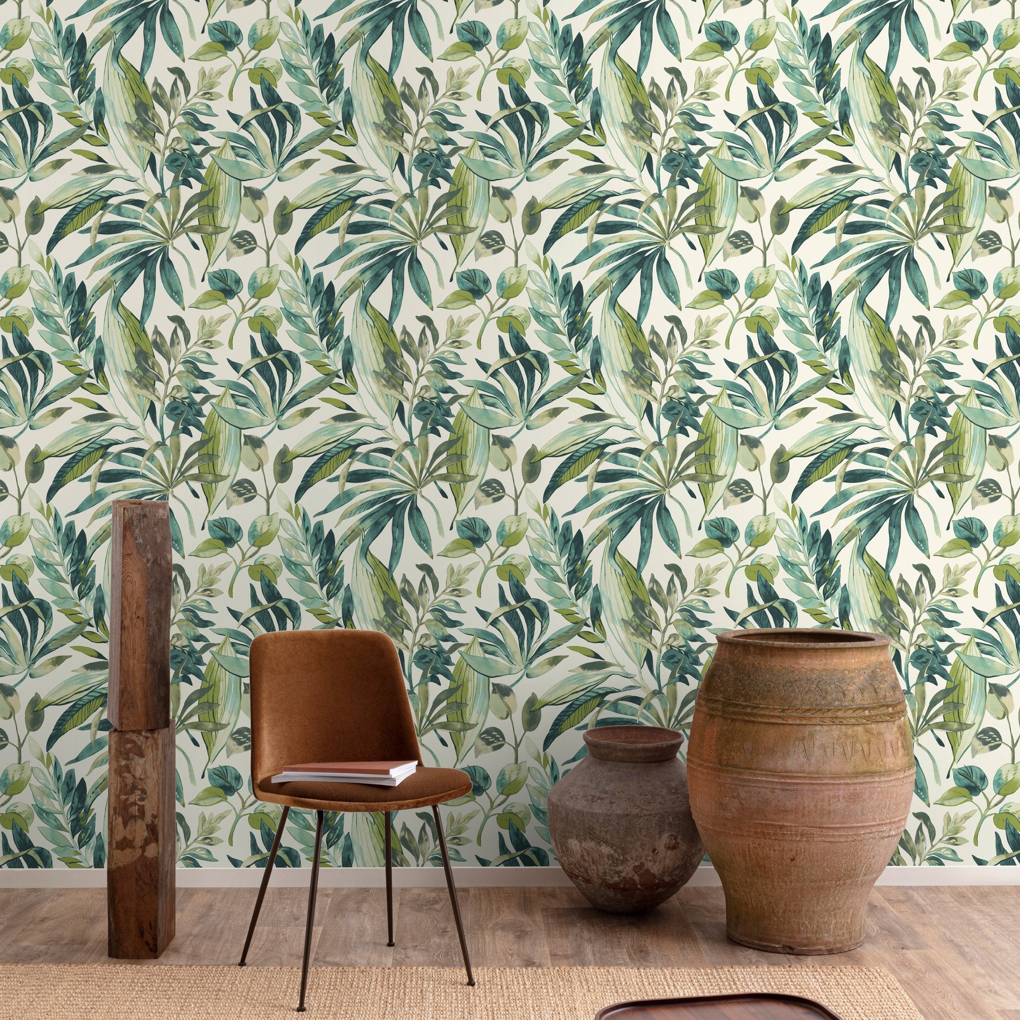 Branched Leaves Motive Wallpaper in green color - pattern number KRA71201 - by Grandeco in the Karuna collection