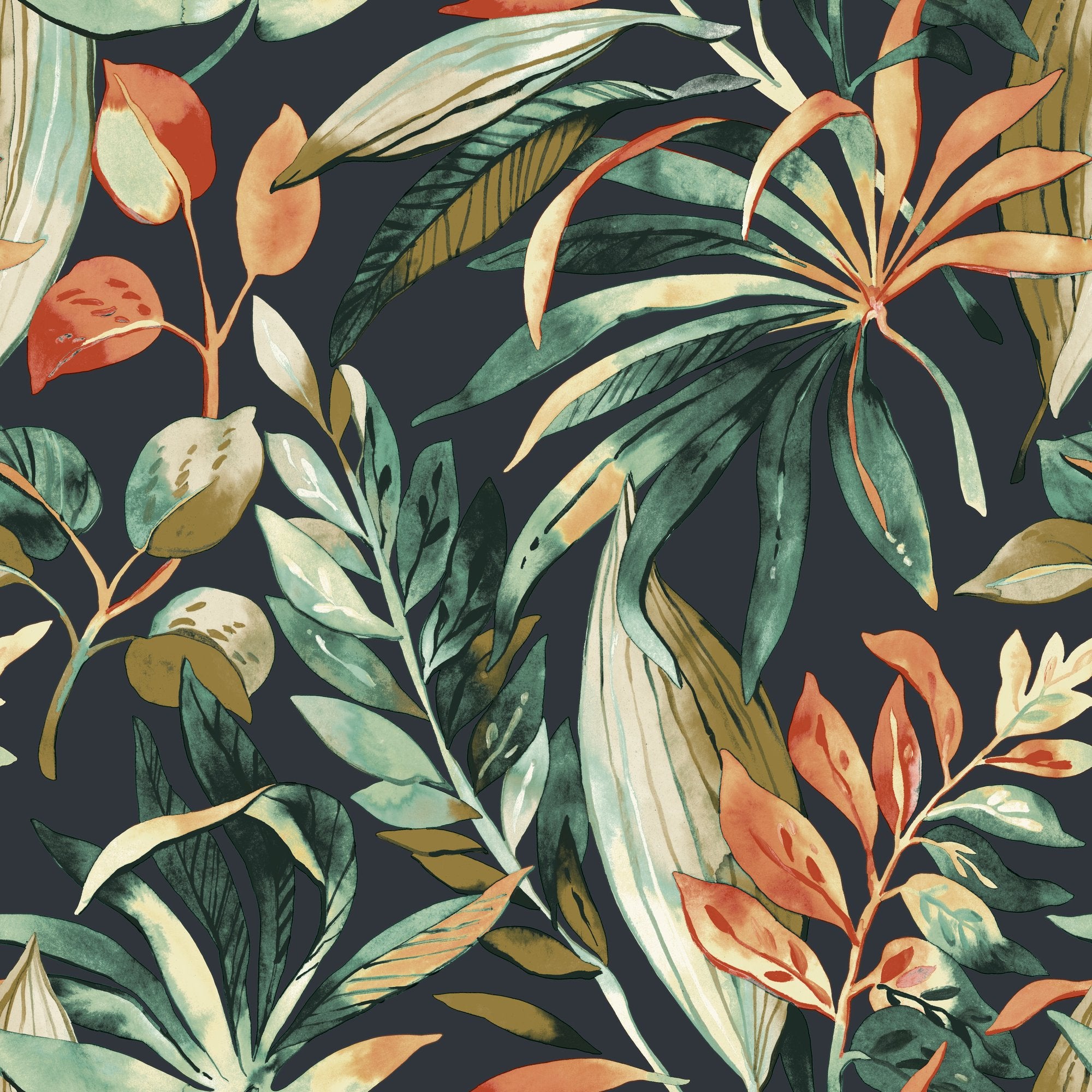 Branched Leaves Motive Wallpaper in multi-colored color - pattern number KRA71202 - by Grandeco in the Karuna collection