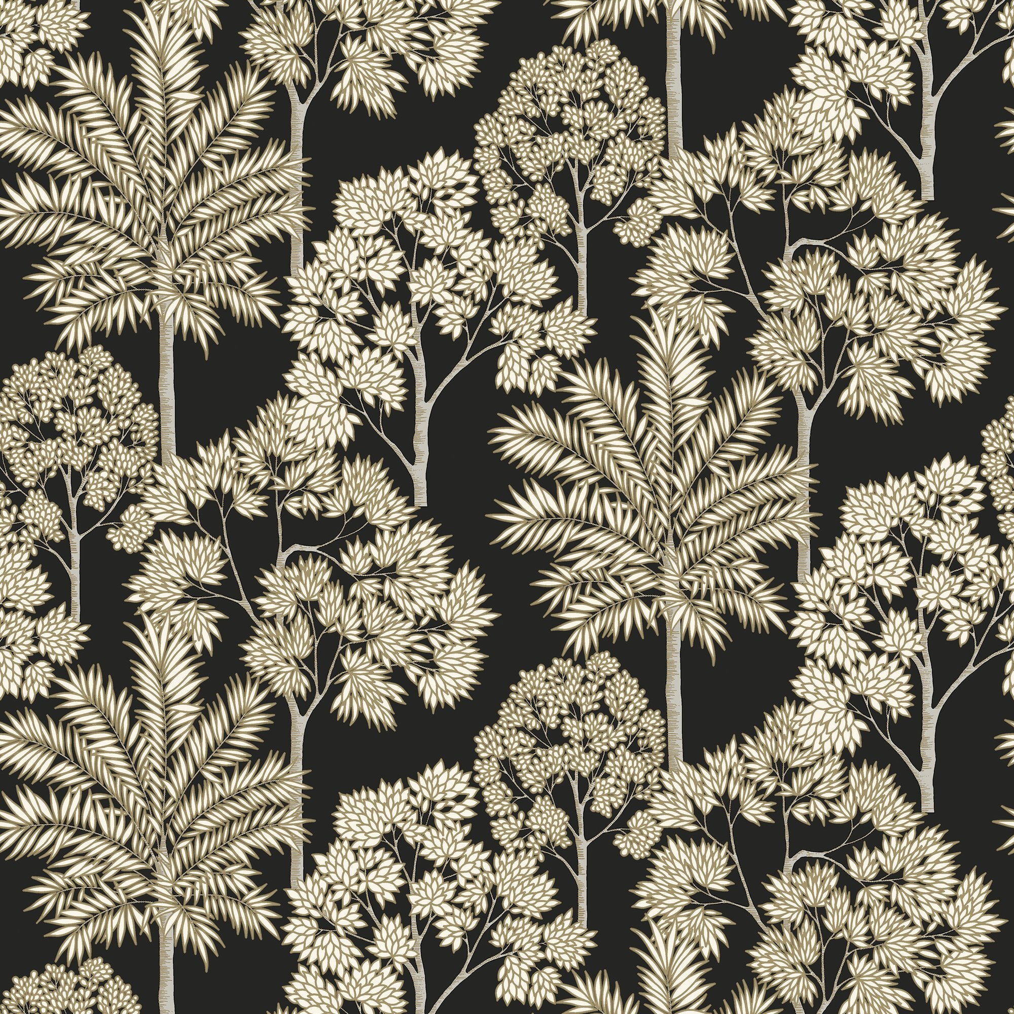Branched Leaves All-over Wallpaper in black color - pattern number ARA71302 - by Grandeco in the Arcadia collection