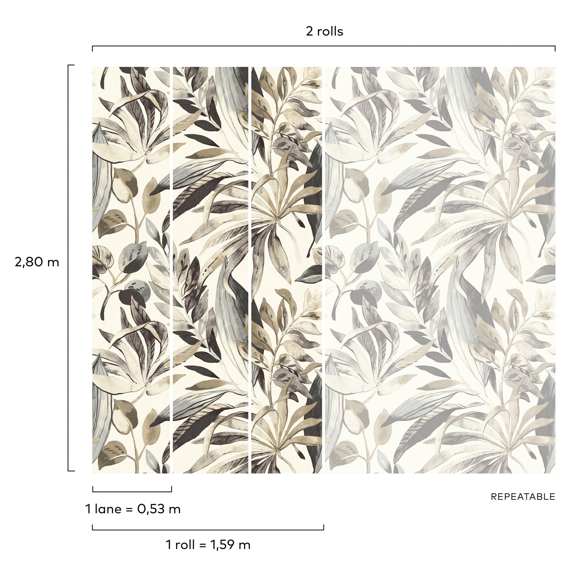 Branched Leaves Motive 3 Panel Mural in beige color - pattern number A71701 - by Grandeco in the Orom II collection
