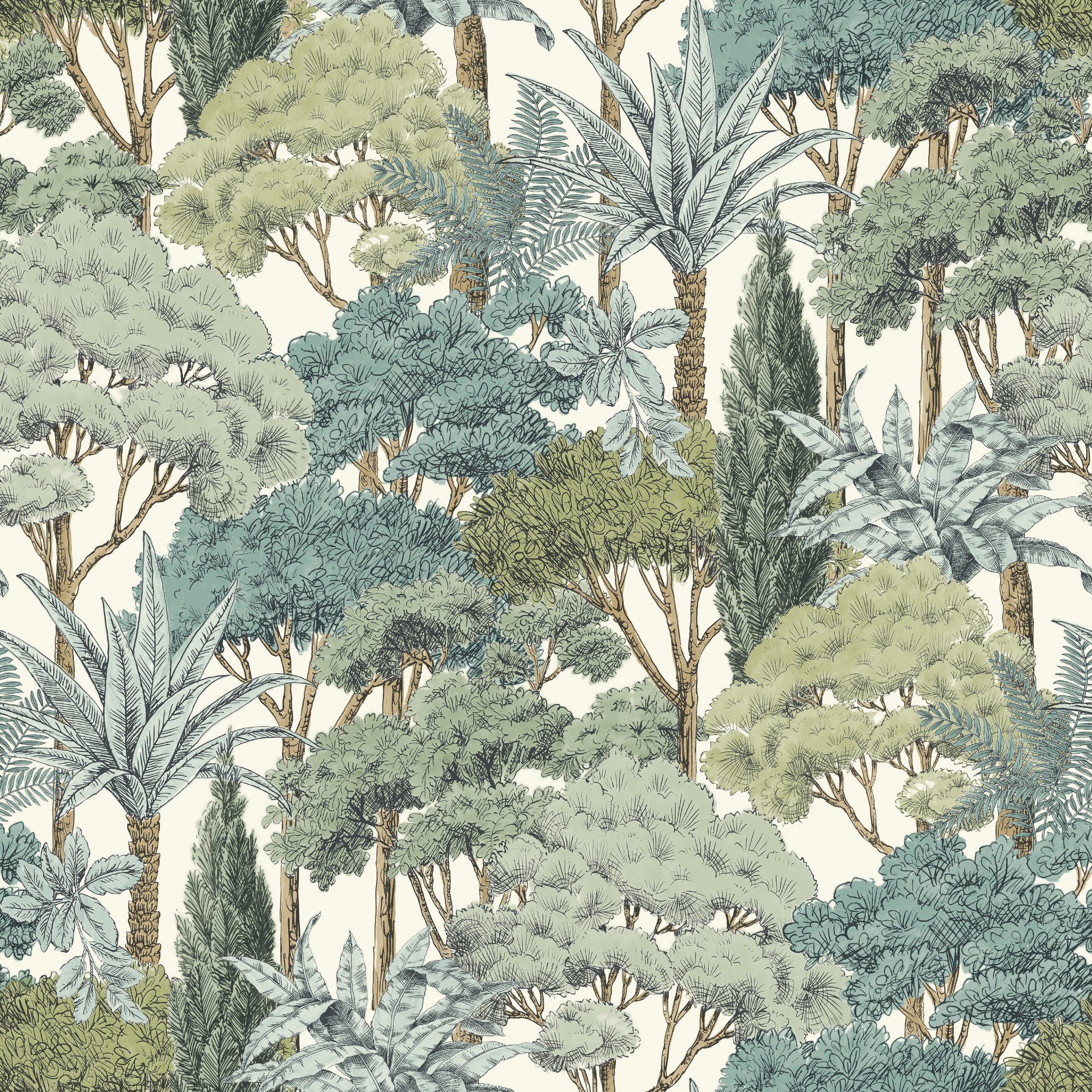 Branched Leaves All-over Wallpaper in green color - pattern number KRA76302 - by Grandeco in the Karuna collection