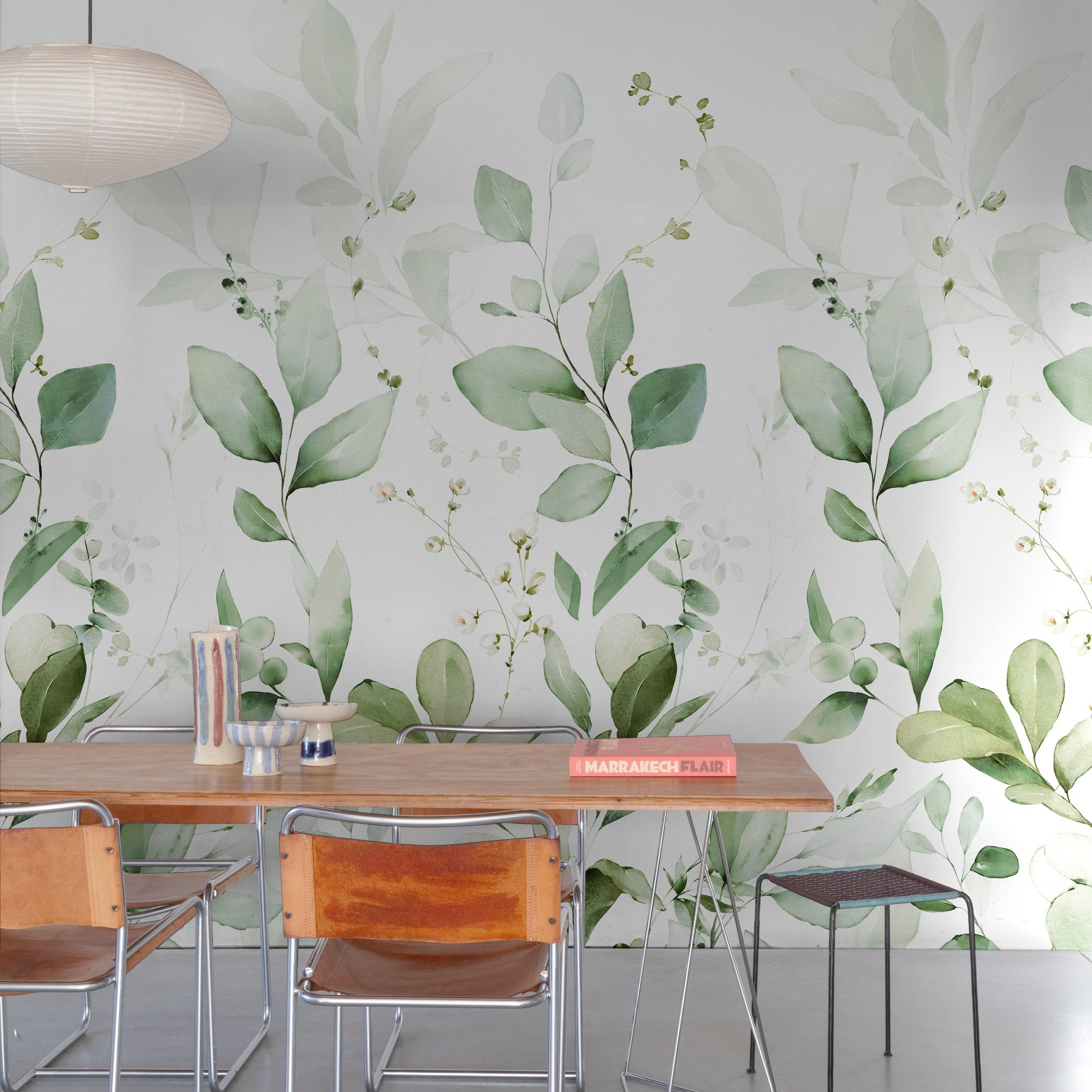 Branched Leaves All-over 3 Panel Mural in green color - pattern number A77101 - by Grandeco in the Orom II collection