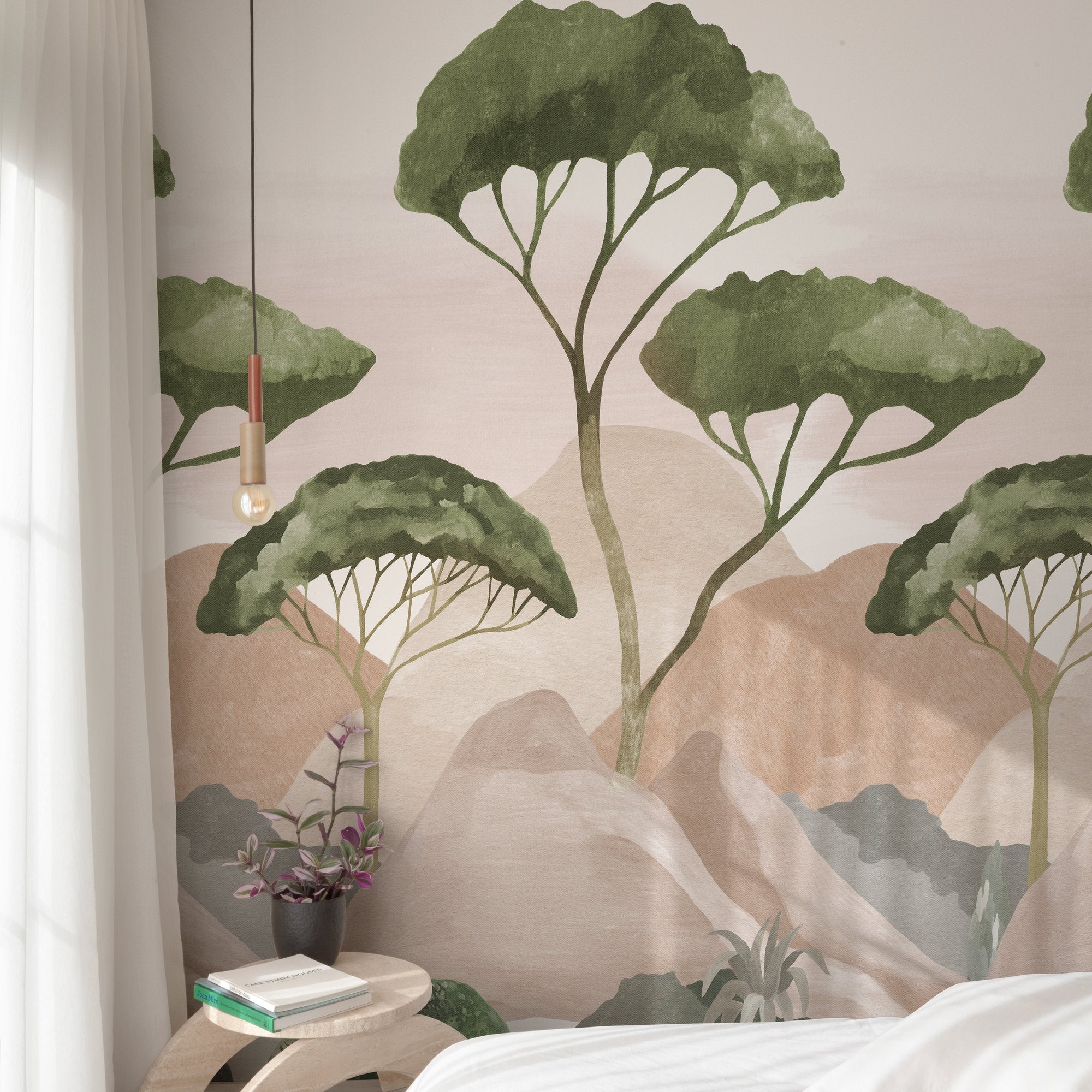 Landscape 3 Panel Mural in green color - pattern number A77401 - by Grandeco in the Orom II collection