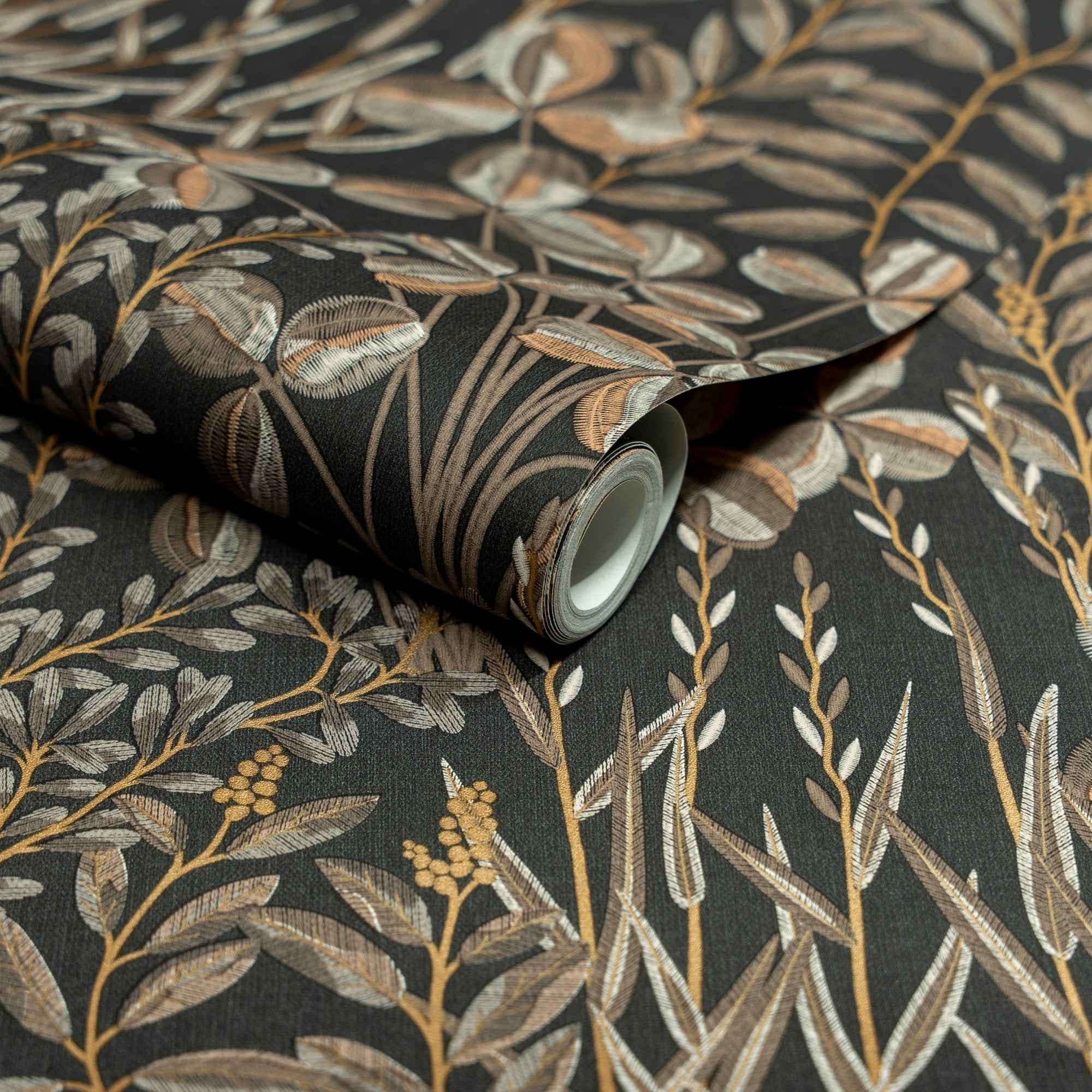 Branched Leaves All-over Wallpaper in black color - pattern number INA78903 - by Grandeco in the Inia collection