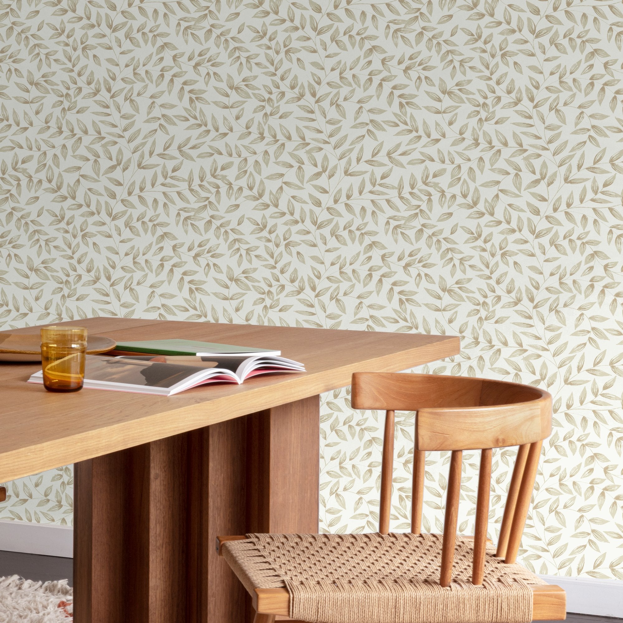 Branched Leaves All-over Wallpaper in beige color - pattern number INA79201 - by Grandeco in the Inia collection