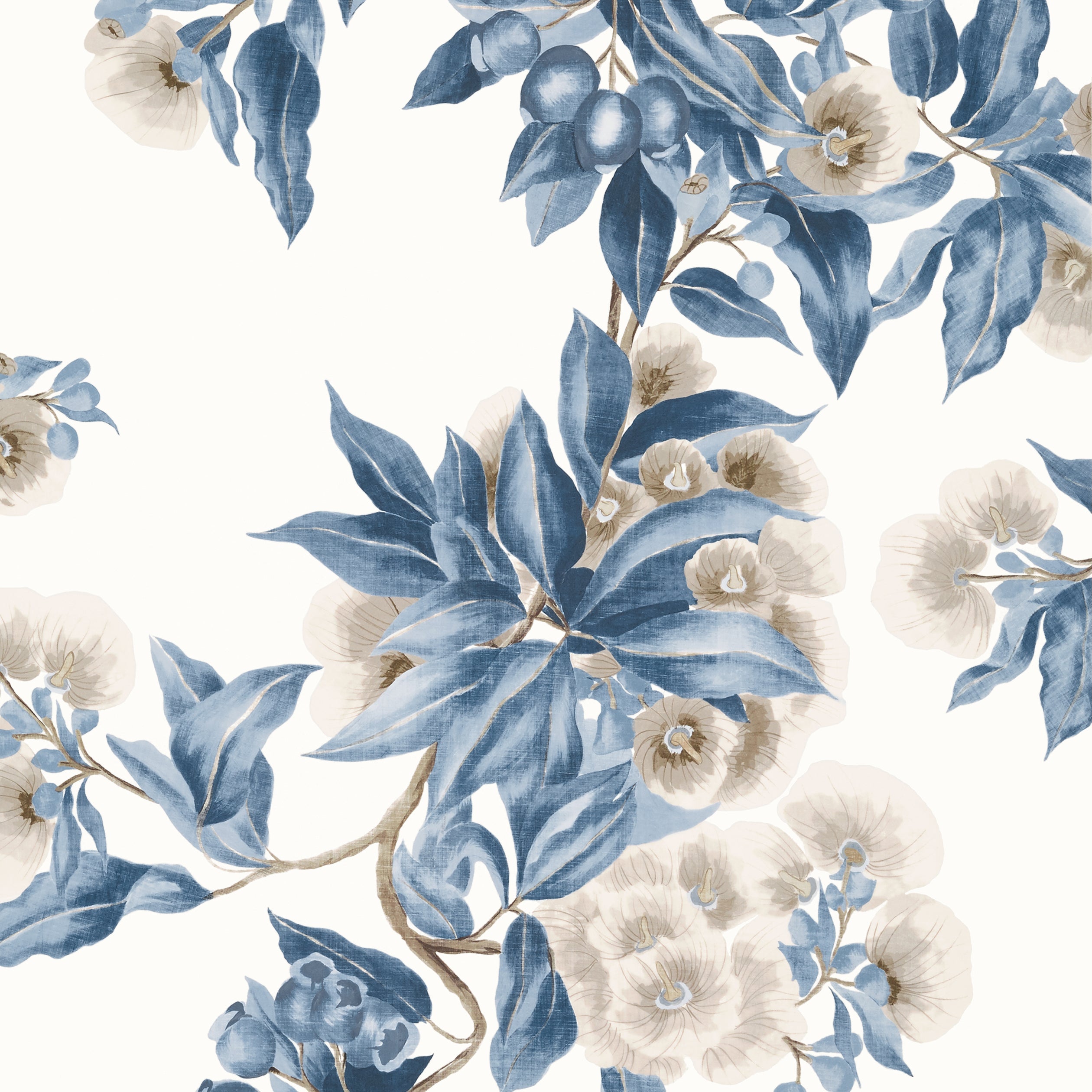 Camellia Garden fabric in navy and linen color - pattern number AT24553 - by Anna French in the Devon collection