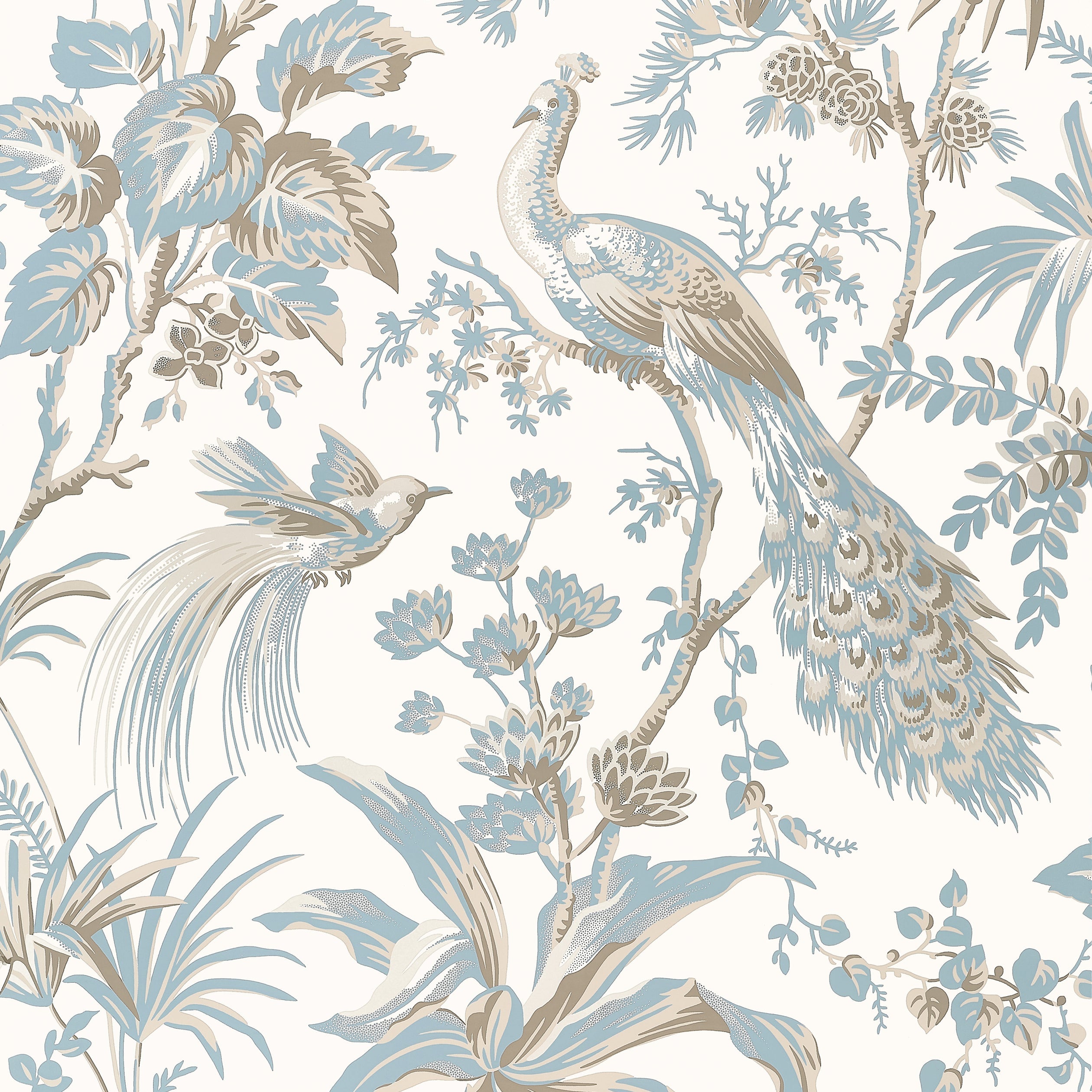 Peacock Toile fabric in soft blue and beige color - pattern number AT57828 - by Anna French in the Bristol collection