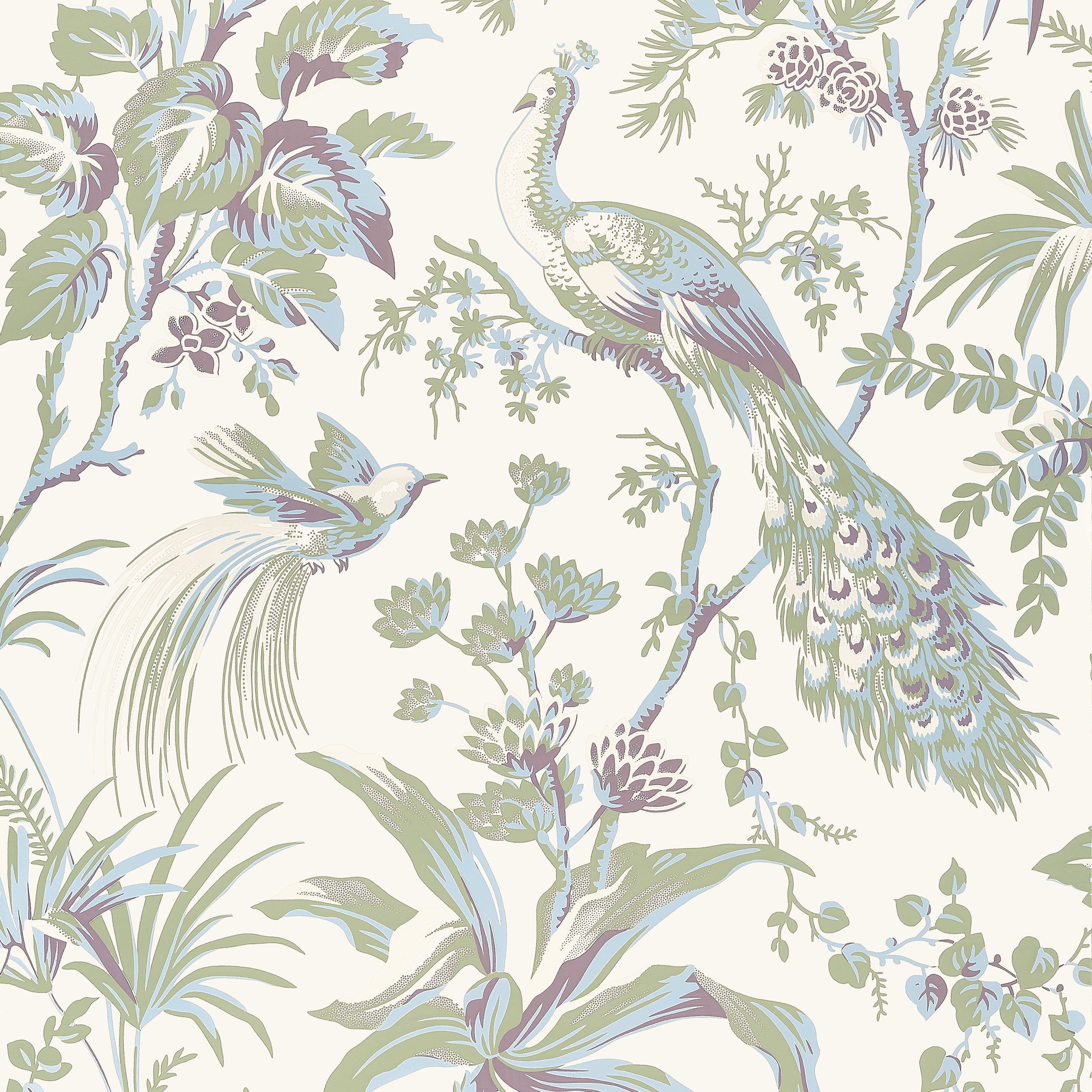 Peacock Toile fabric in green and plum color - pattern number AT57829 - by Anna French in the Bristol collection