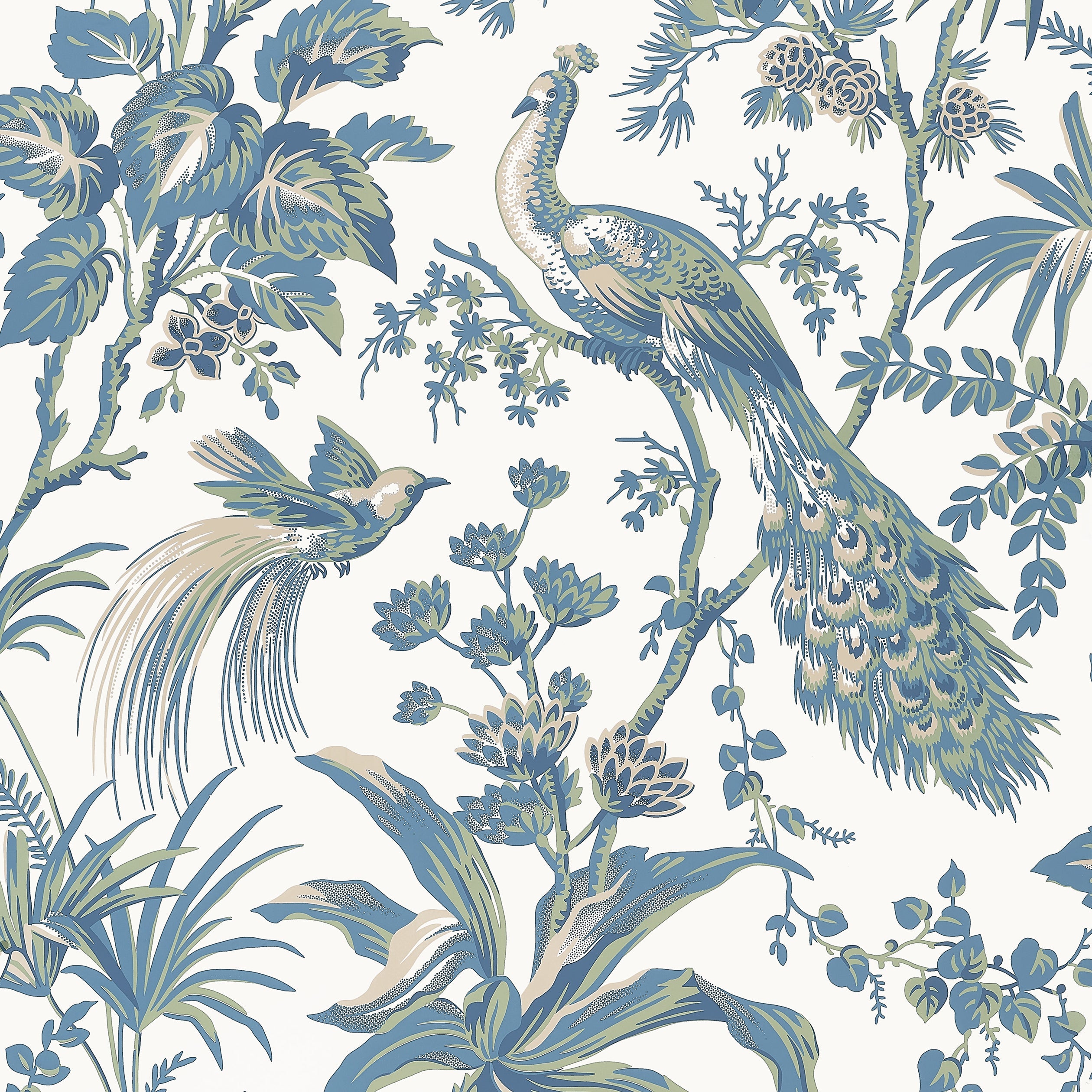 Peacock Toile fabric in blue and green color - pattern number AT57830 - by Anna French in the Bristol collection