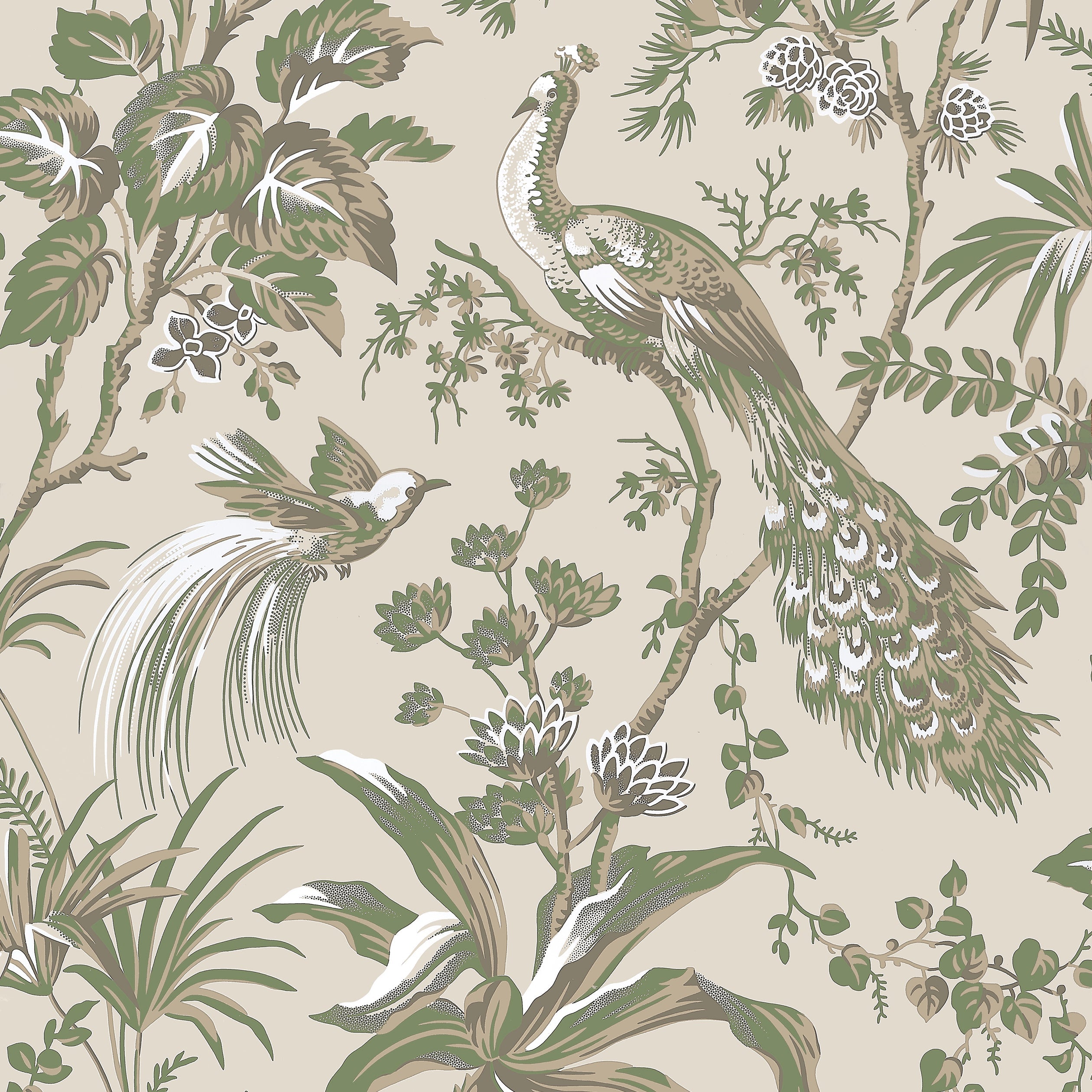Peacock Toile fabric in green on natural color - pattern number AT57832 - by Anna French in the Bristol collection