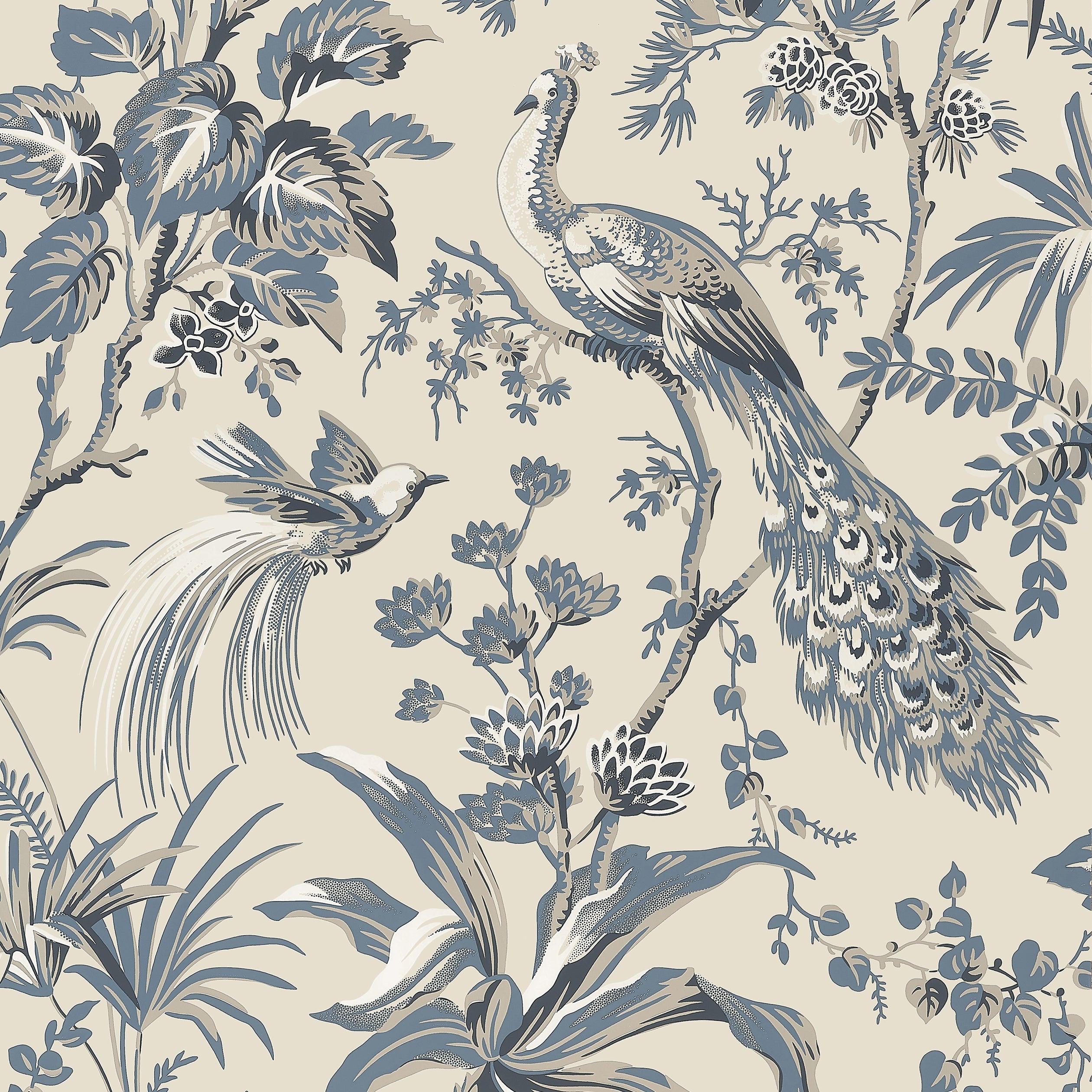 Peacock Toile fabric in slate and black color - pattern number AT57833 - by Anna French in the Bristol collection