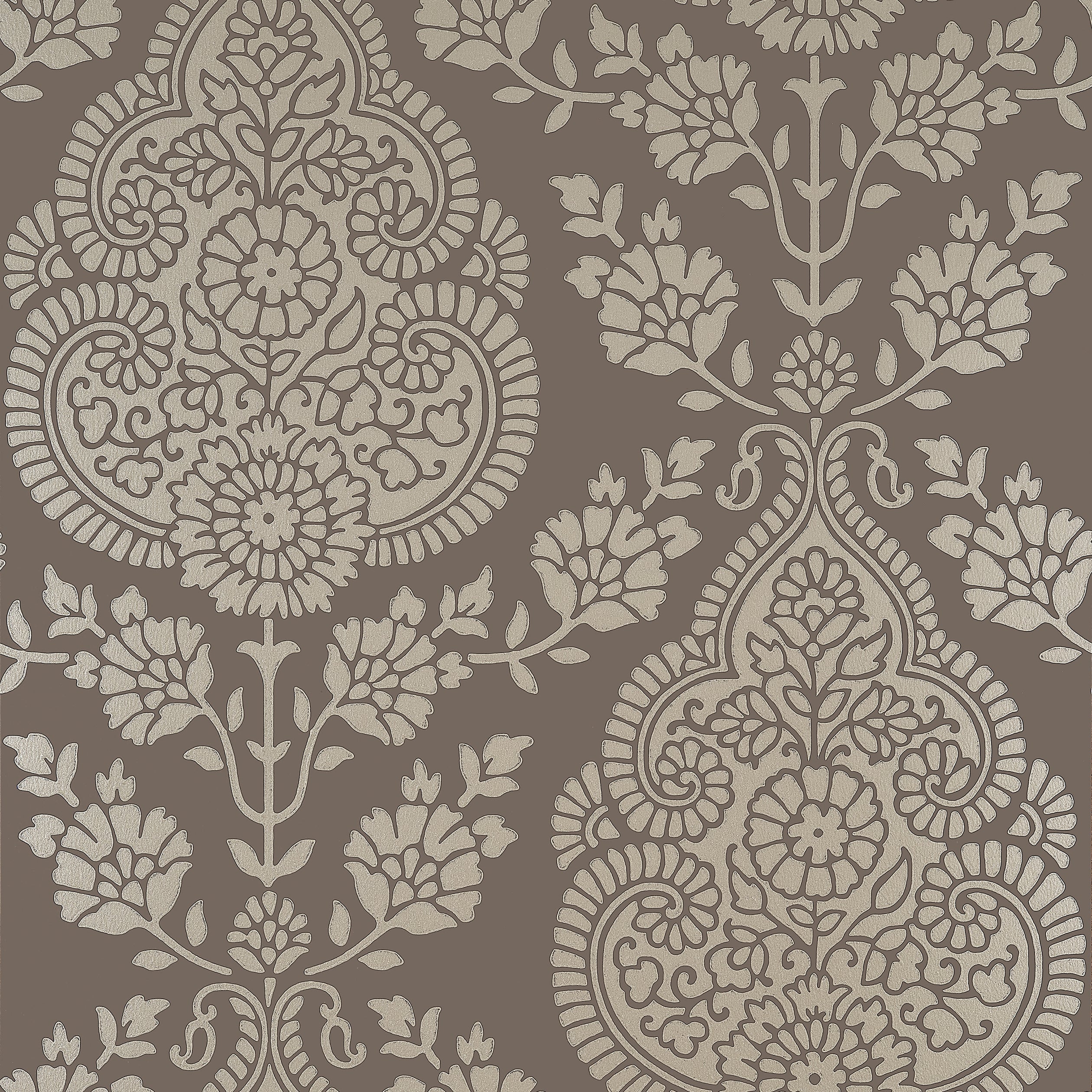 Balmuccia Damask fabric in pewter on chestnut color - pattern number AT57869 - by Anna French in the Bristol collection