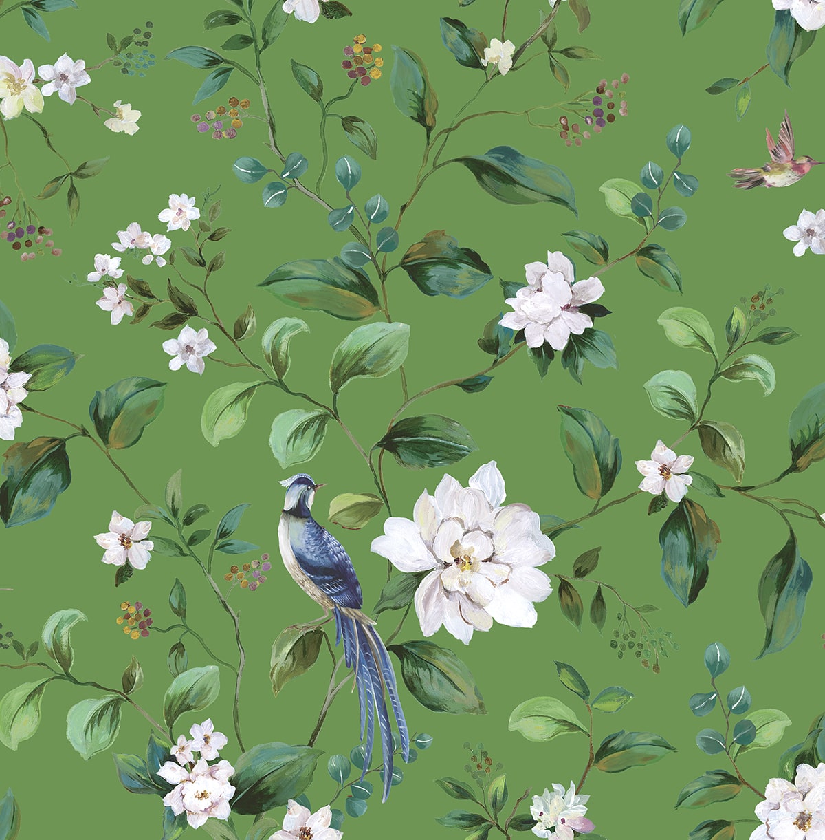 Chinoiserie Bird Vine Peel and Stick wallpaper in green color - pattern number DB20804 - by NextWall in the Peel and Stick Wallpaper by Daisy Bennett 2 collection