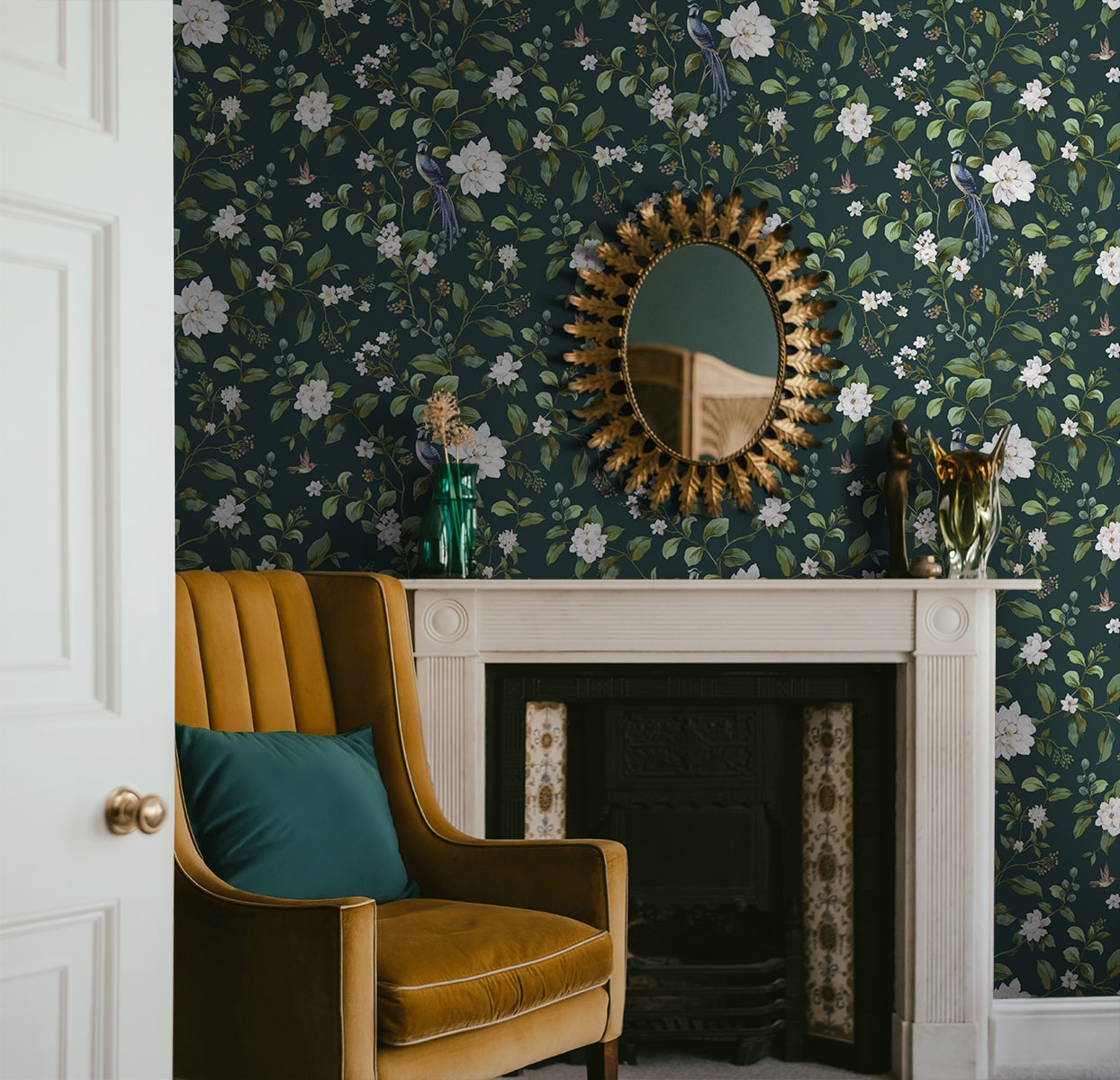 Chinoiserie Bird Vine Peel and Stick wallpaper in teal color - pattern number DB20814 - by NextWall in the Peel and Stick Wallpaper by Daisy Bennett 2 collection
