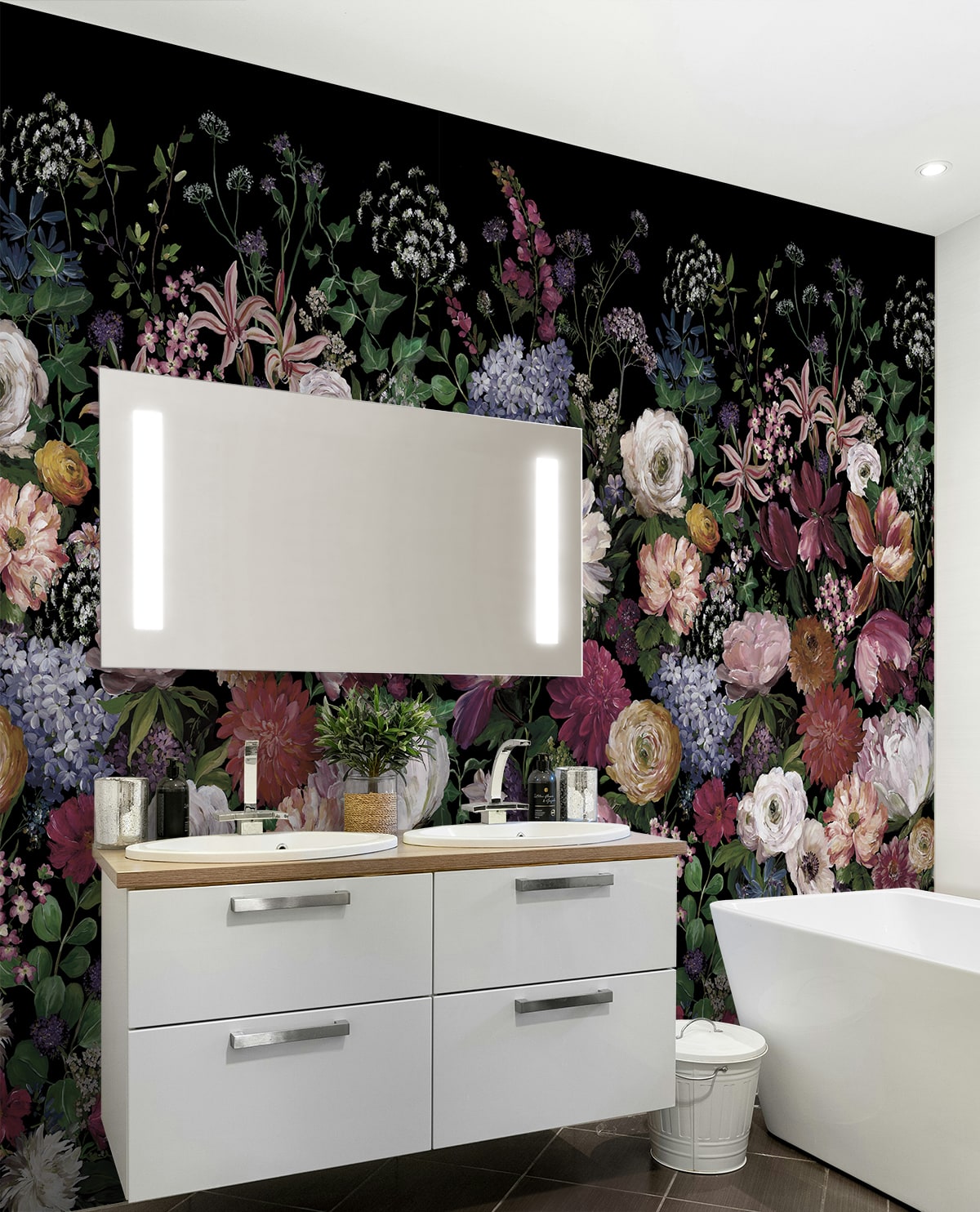 Garden Floral 3 Panel mural in charcoal color - pattern number DBW3000M - by Wallquest in the West Boulevard by Daisy Bennett collection
