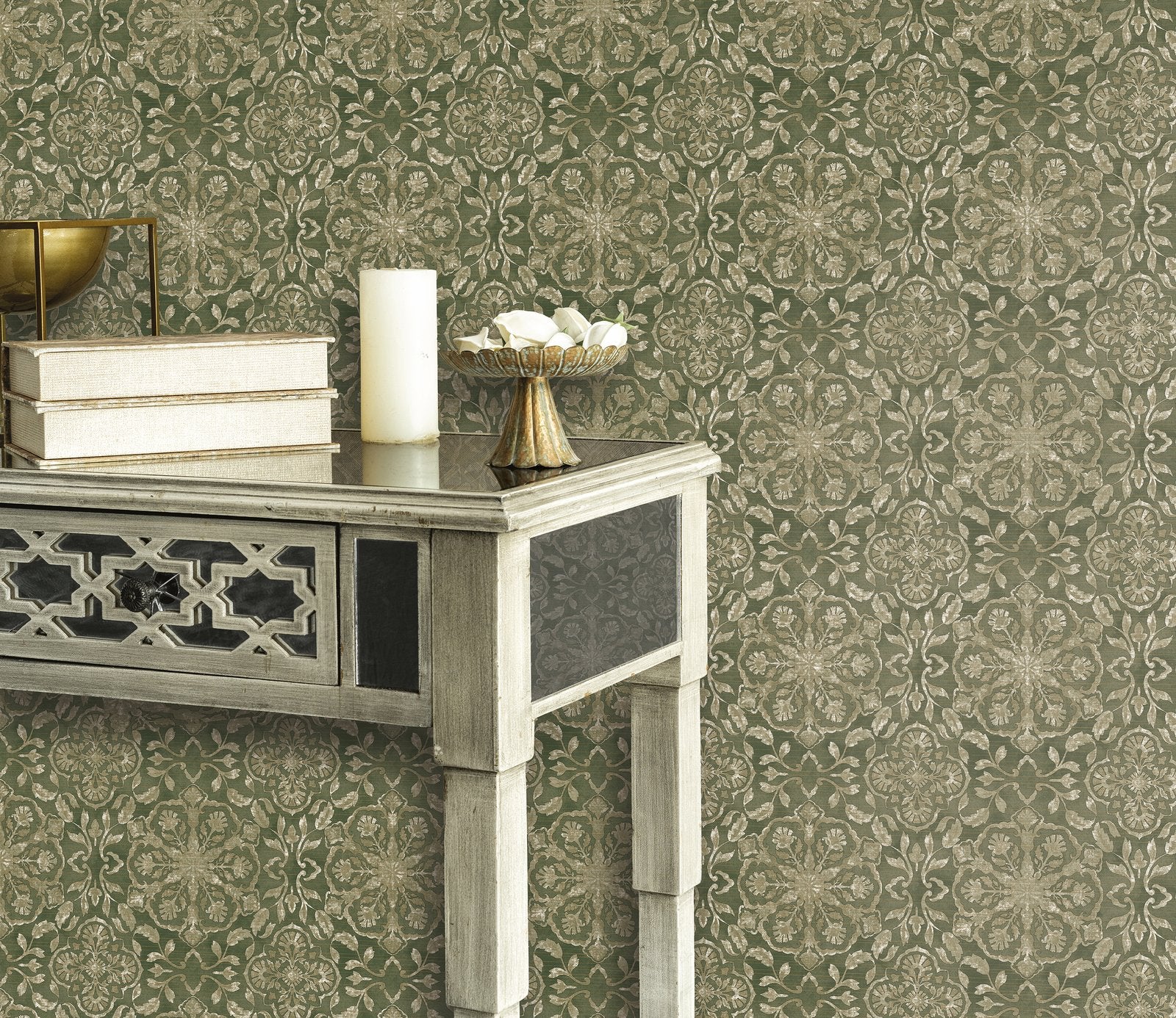 Floral Stripe wallpaper in green color - pattern number DWP0353-01 - by Galerie in the Elegance collection