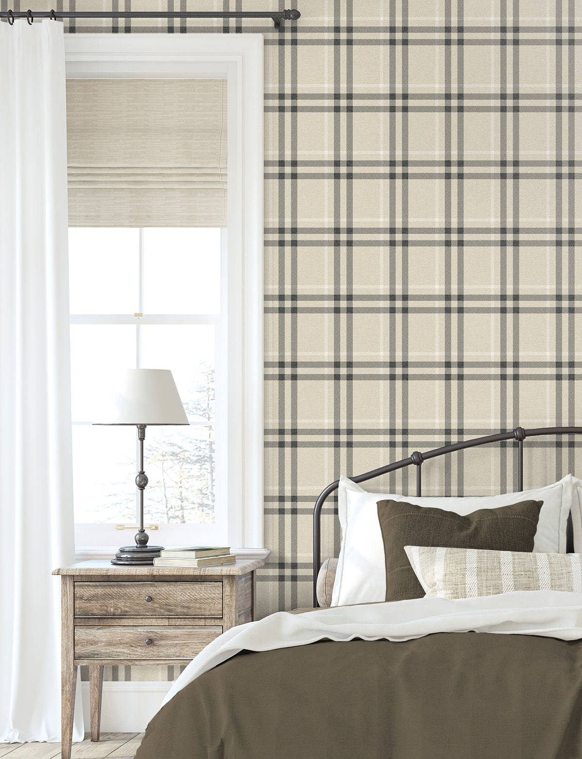 Calverlay Plaid Prepasted wallpaper in linen and ebony color - pattern number EP10805 - by Seabrook in the Etten Prepasted Wallcovering collection
