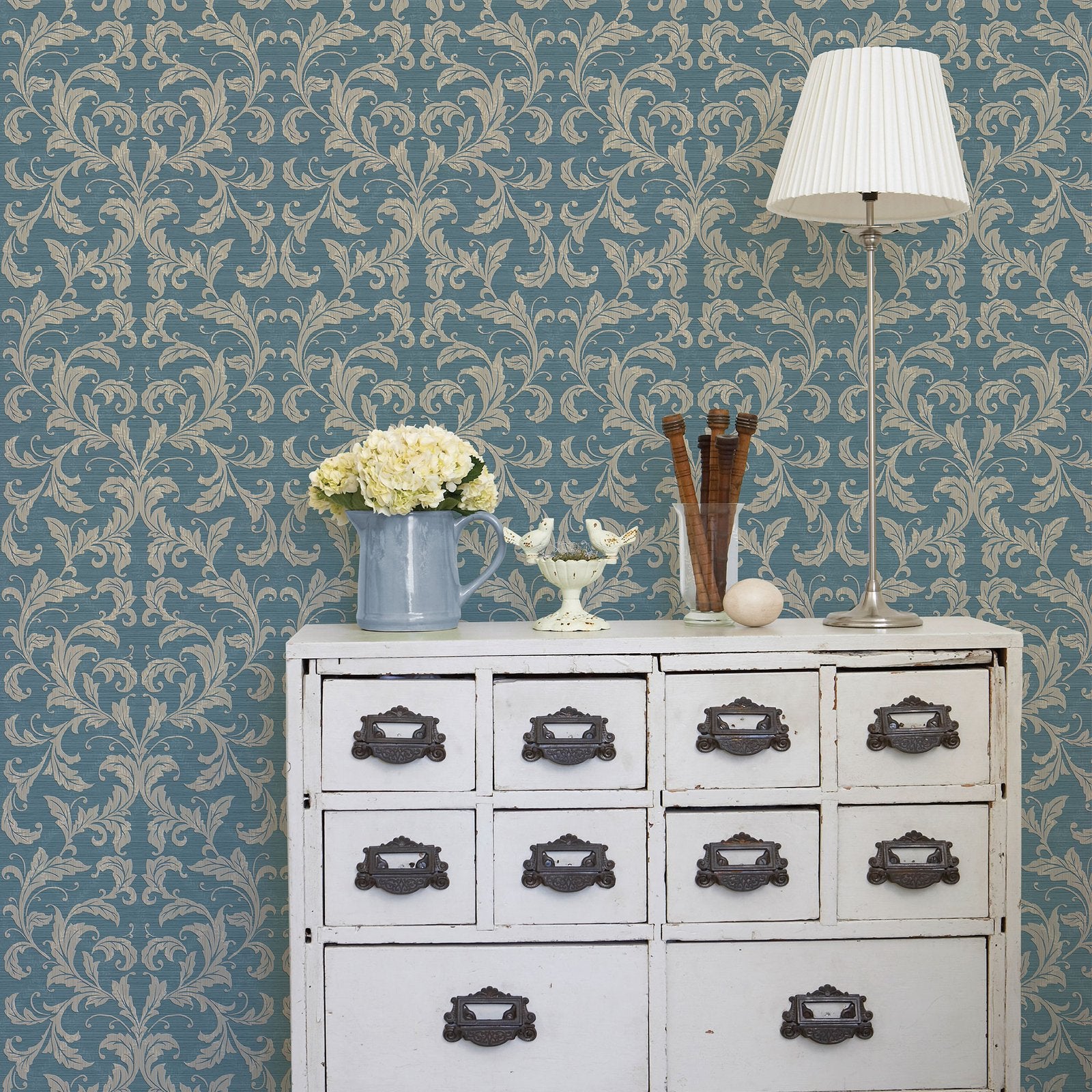 Damask wallpaper in blue color - pattern number G34111 - by Galerie in the Nordic Elements collection
