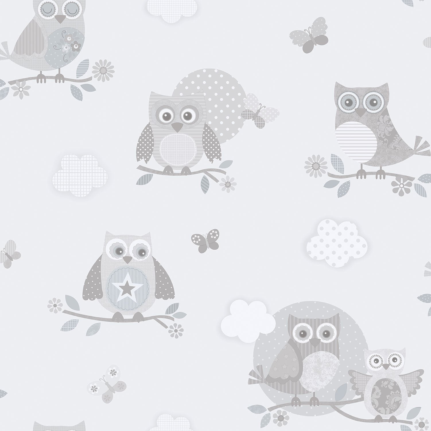 Mono Owls wallpaper in silver grey color - pattern number G56503 - by Galerie in the Just 4 Kids 2 collection