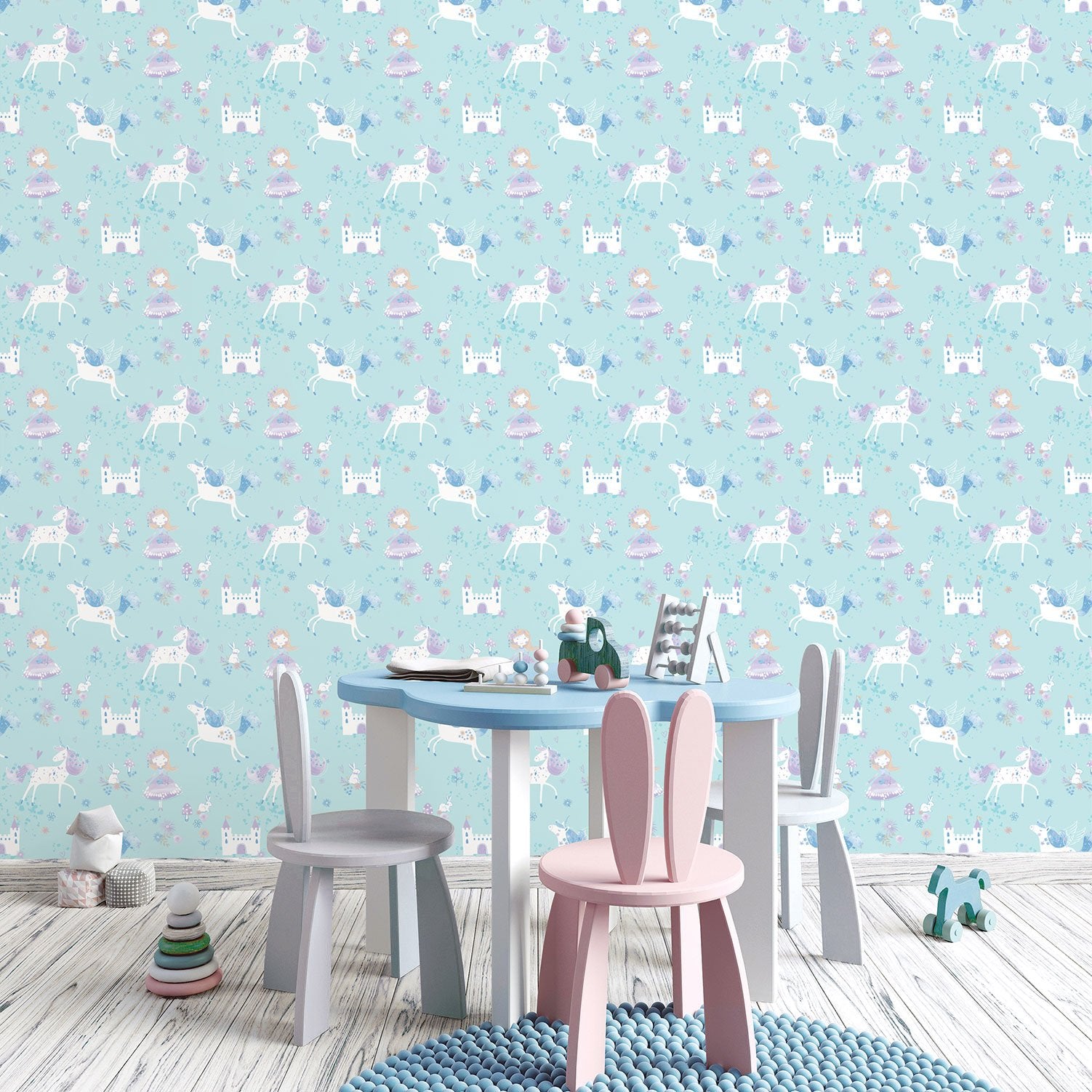 Unicorns and Princesses wallpaper in blue color - pattern number G56524 - by Galerie in the Just 4 Kids 2 collection
