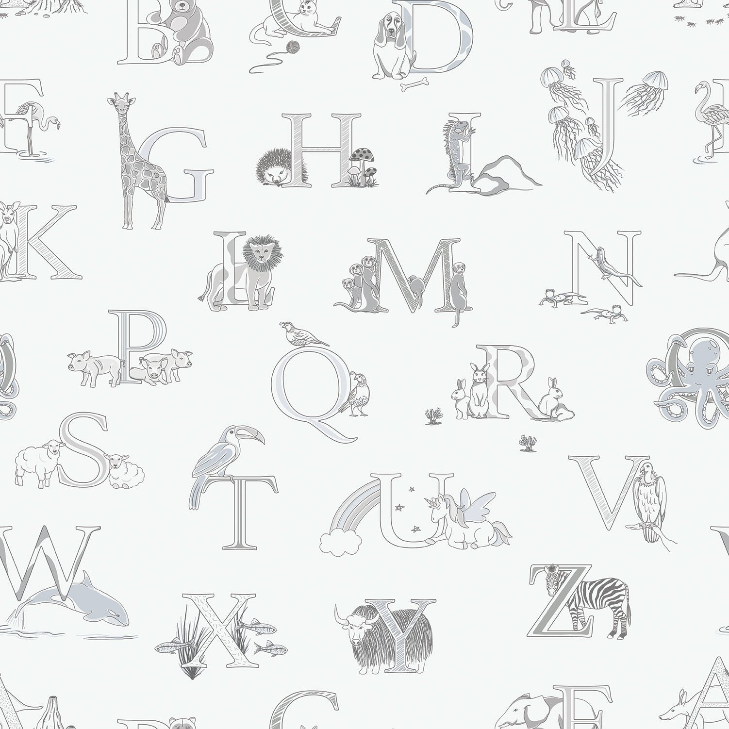 Alphabet wallpaper in silver grey color - pattern number G56536 - by Galerie in the Just 4 Kids 2 collection