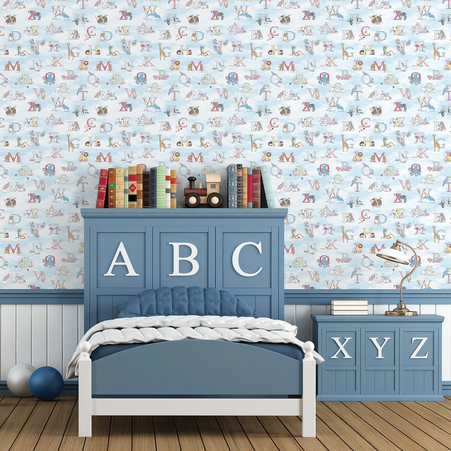 Alphabet wallpaper in blue color - pattern number G56537 - by Galerie in the Just 4 Kids 2 collection