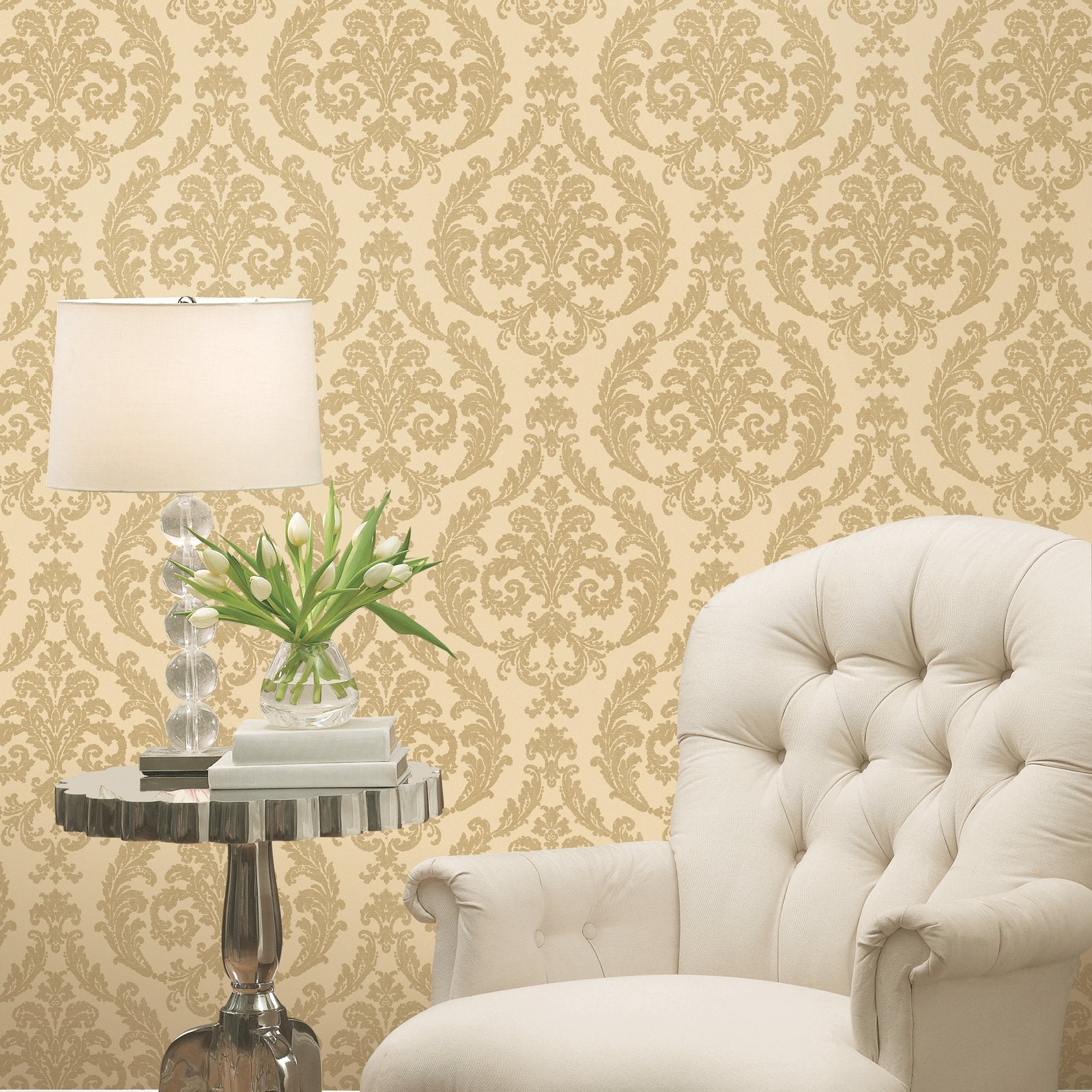 Damask wallpaper in gold color - pattern number G67608 - by Galerie in the Palazzo 2 collection
