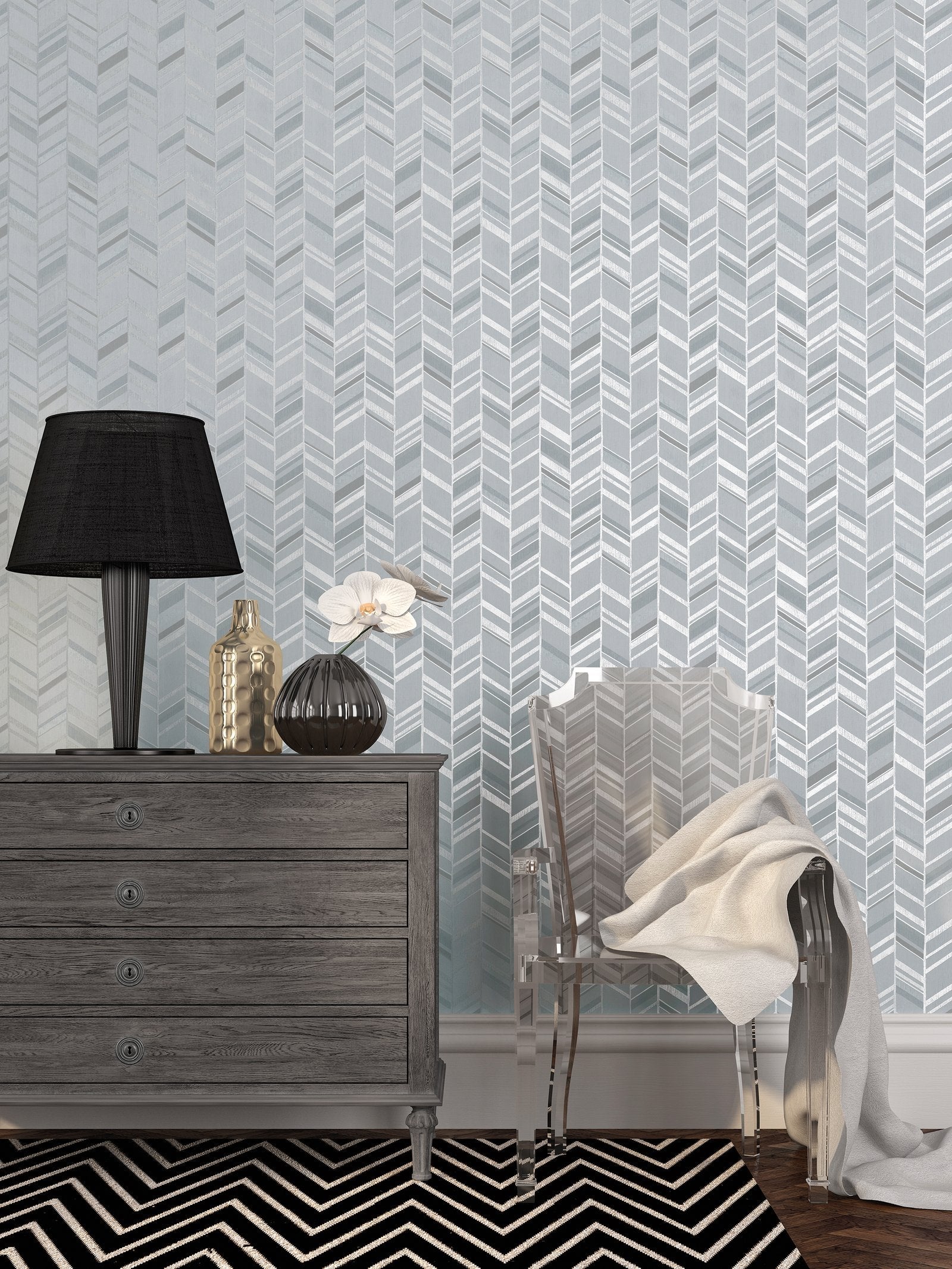 Glitter Chevrons wallpaper in silver grey color - pattern number G67711 - by Galerie in the Special FX 2 collection