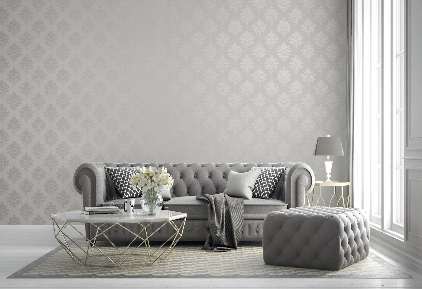 Medallion Damask wallpaper in silver grey color - pattern number G68670 - by Galerie in the Palazzo 2 collection