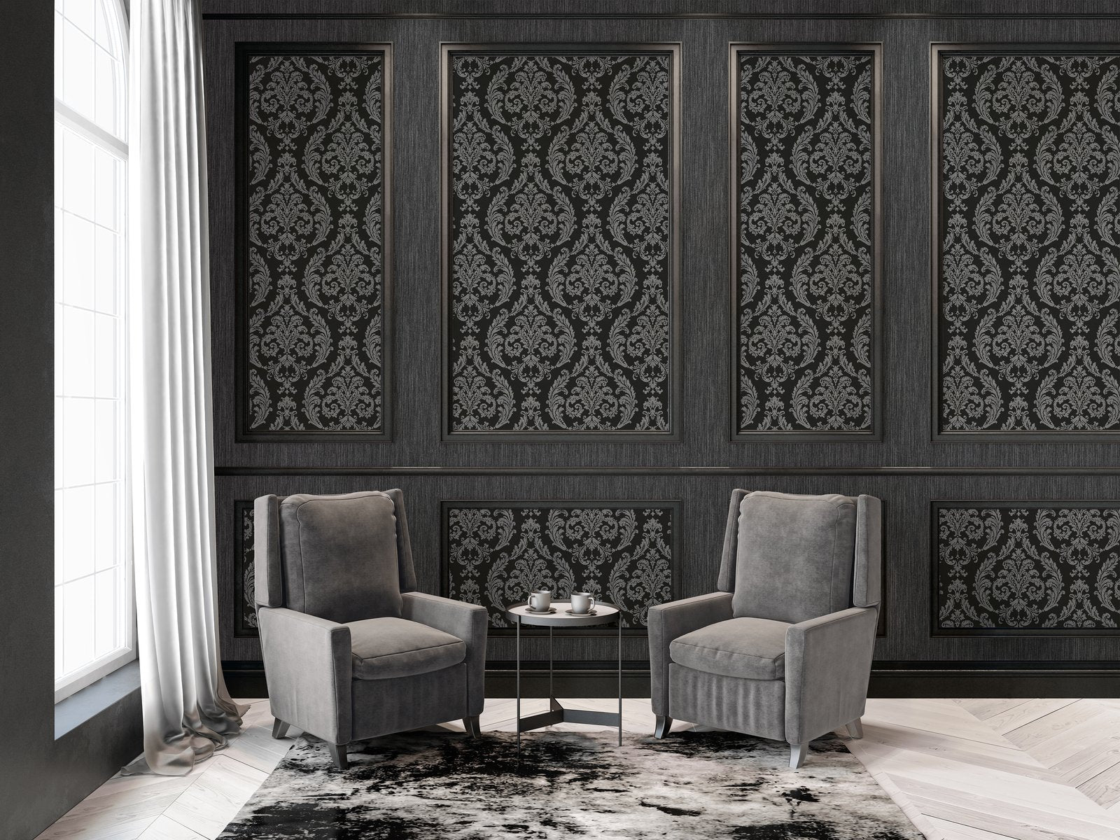 Silk Damask wallpaper in black color - pattern number G68676 - by Galerie in the Palazzo 2 collection