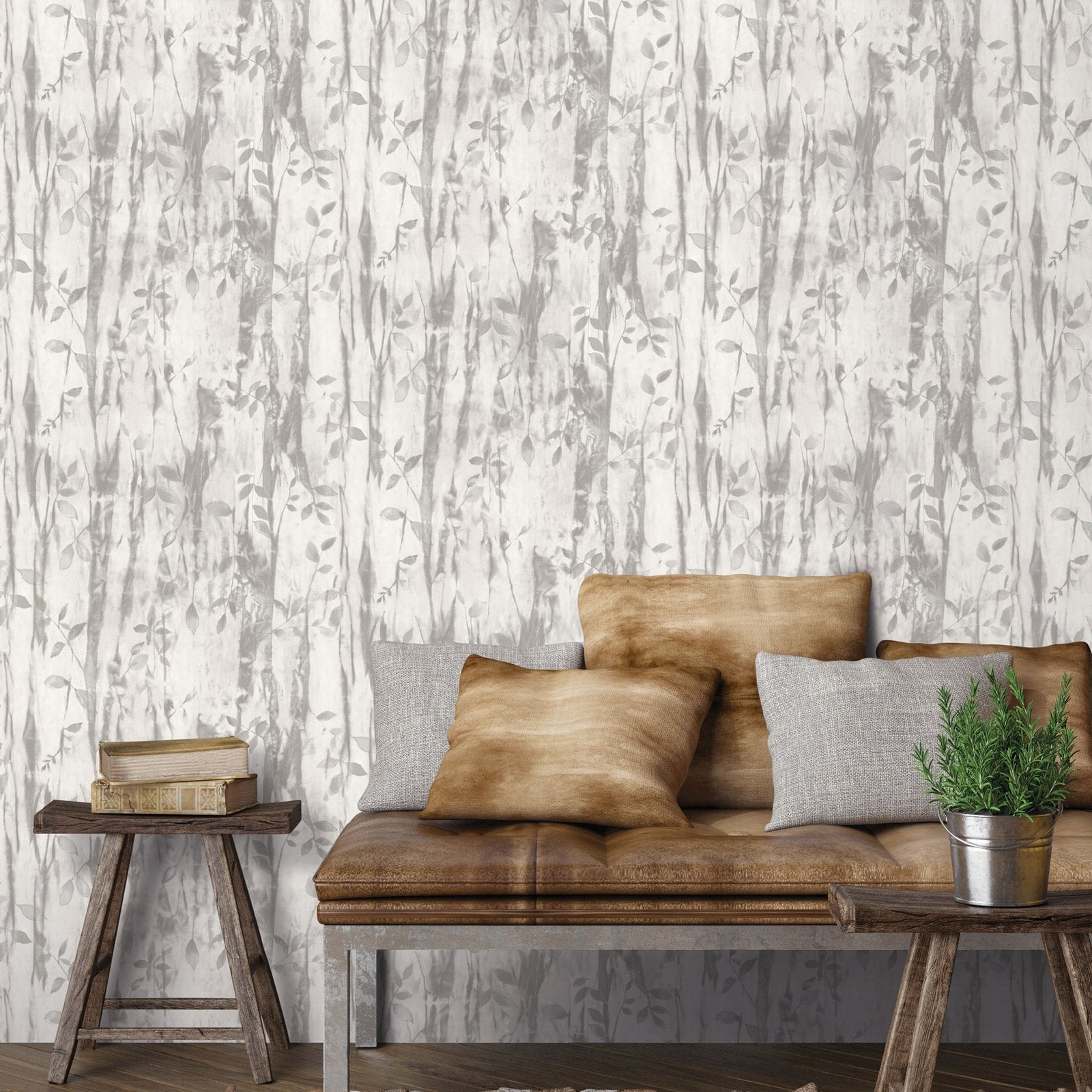 Batik Leaves wallpaper in silver grey color - pattern number G78233 - by Galerie in the Atmosphere collection