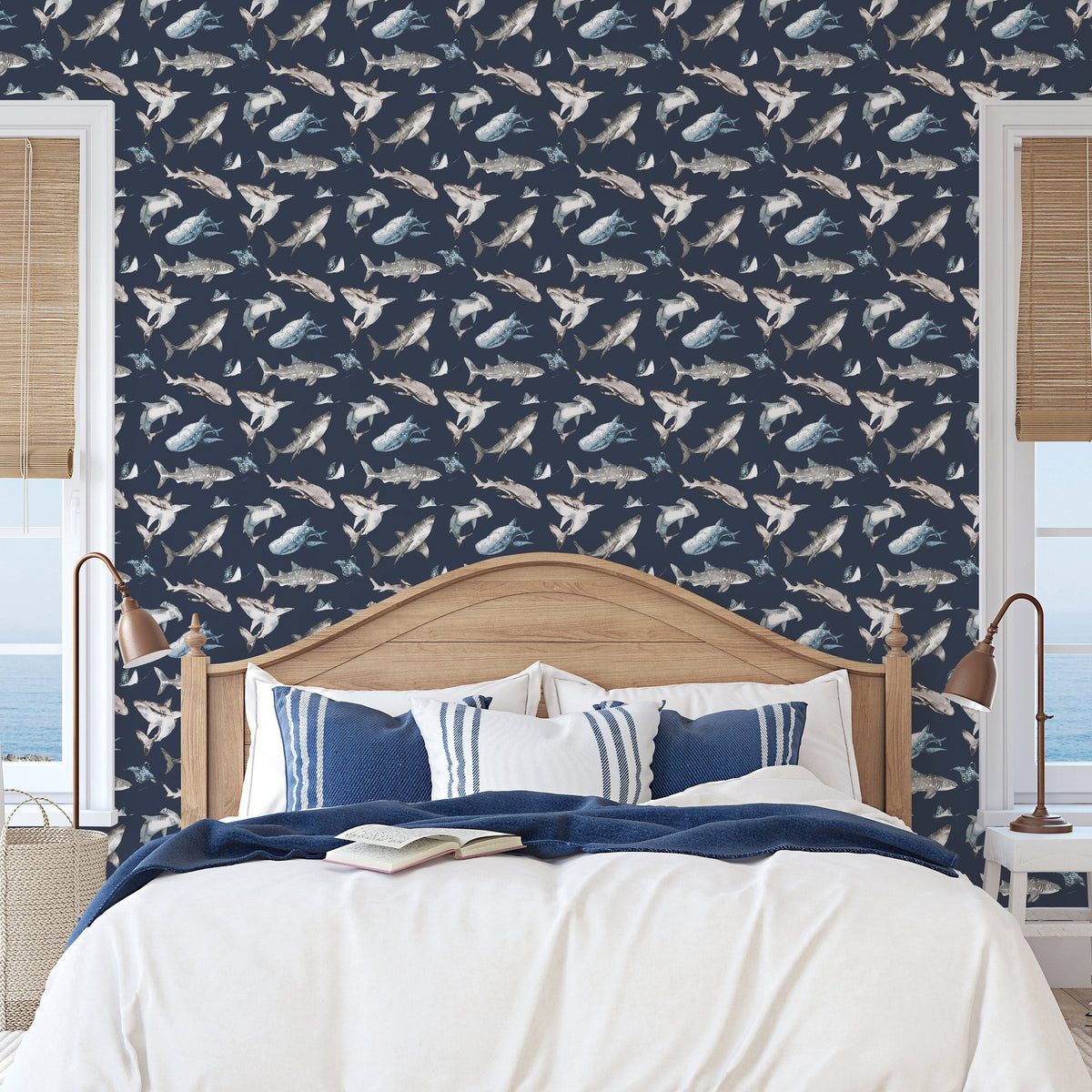 Sharks Wallpaper in Blue color - pattern number G78590 - by Galerie in the Kids and Teens collection